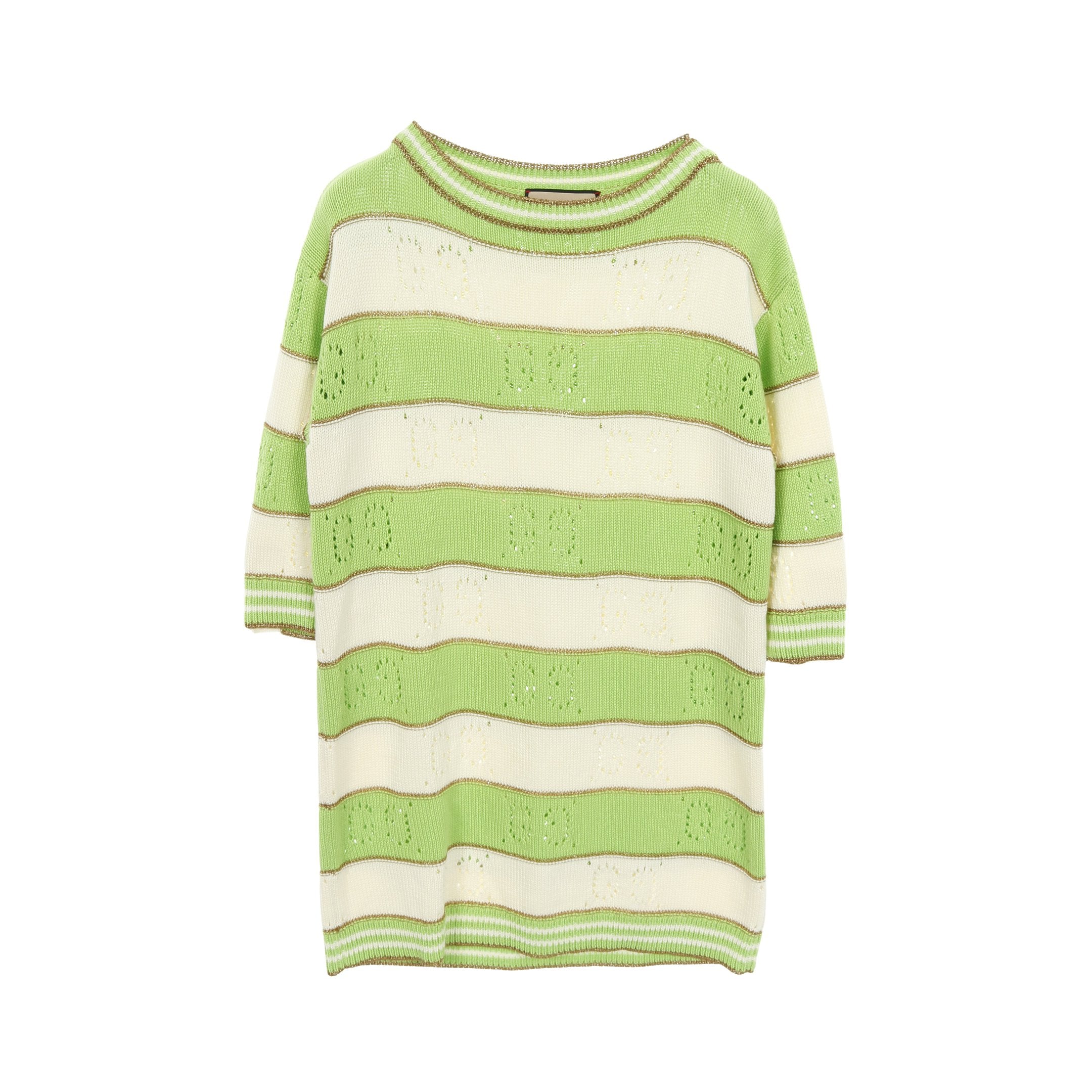 GGストライプ ニット 七分袖 コットン イエローグリーン アイボリー