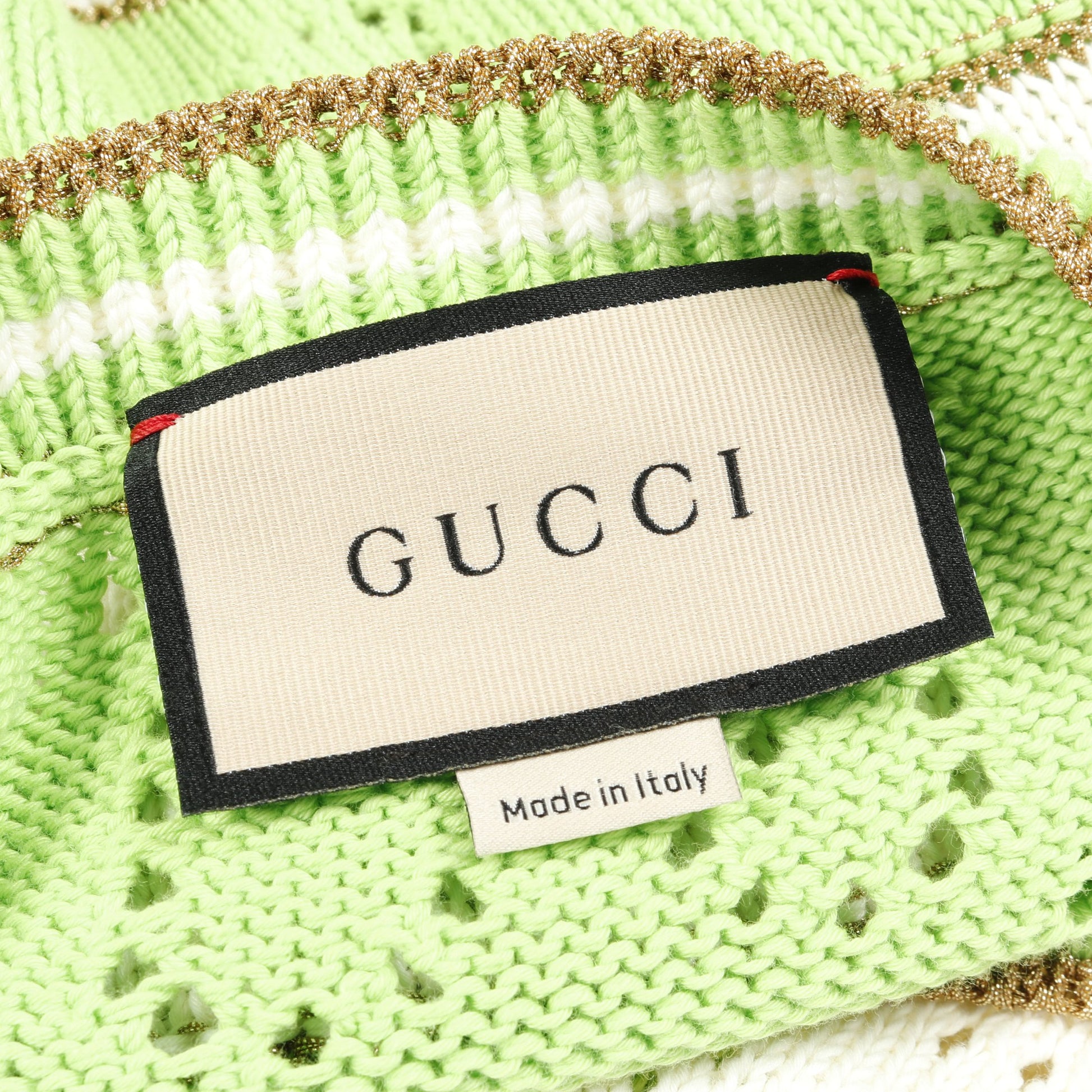 GGストライプ ニット 七分袖 コットン イエローグリーン アイボリー グッチ トップス GUCCI