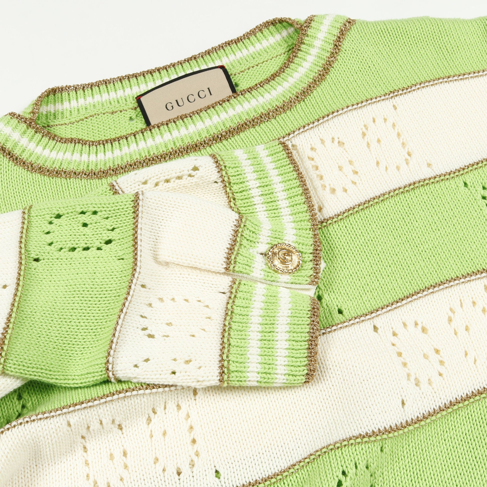 GGストライプ ニット 七分袖 コットン イエローグリーン アイボリー グッチ トップス GUCCI