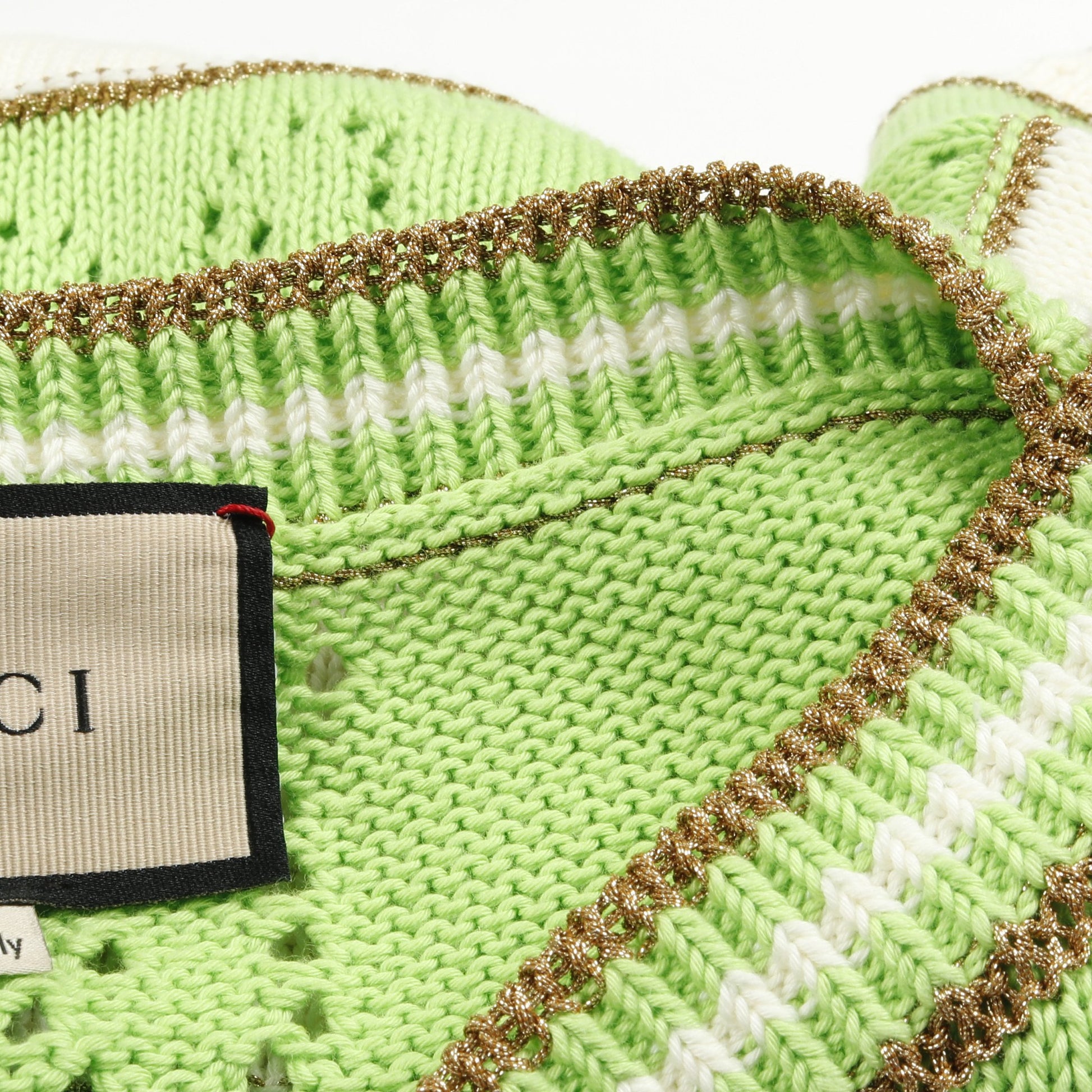 GGストライプ ニット 七分袖 コットン イエローグリーン アイボリー  