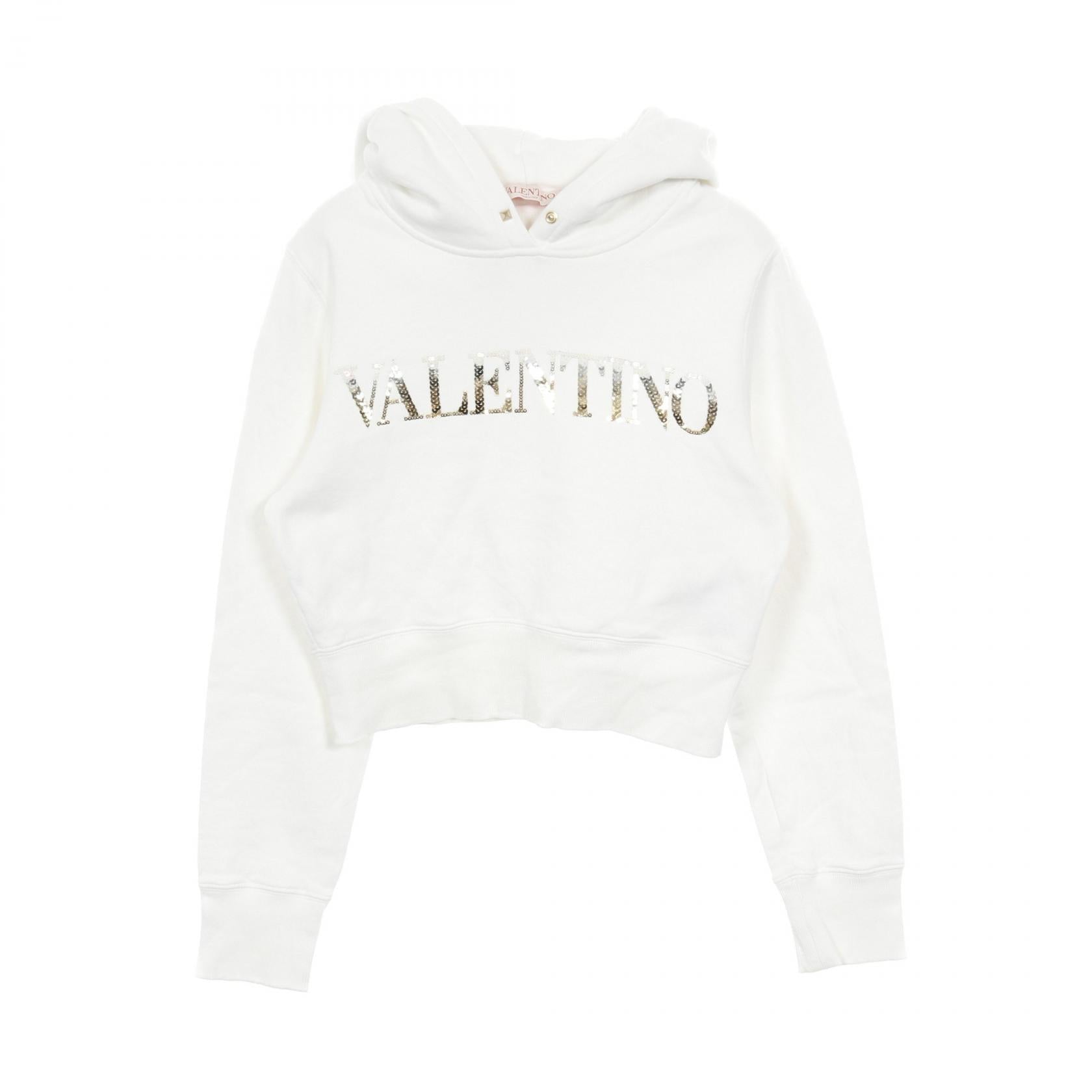 クロップド プルオーバーパーカー ロゴ スパンコール コットン ホワイト ヴァレンティノ トップス VALENTINO