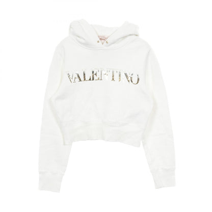 クロップド プルオーバーパーカー ロゴ スパンコール コットン ホワイト ヴァレンティノ トップス VALENTINO