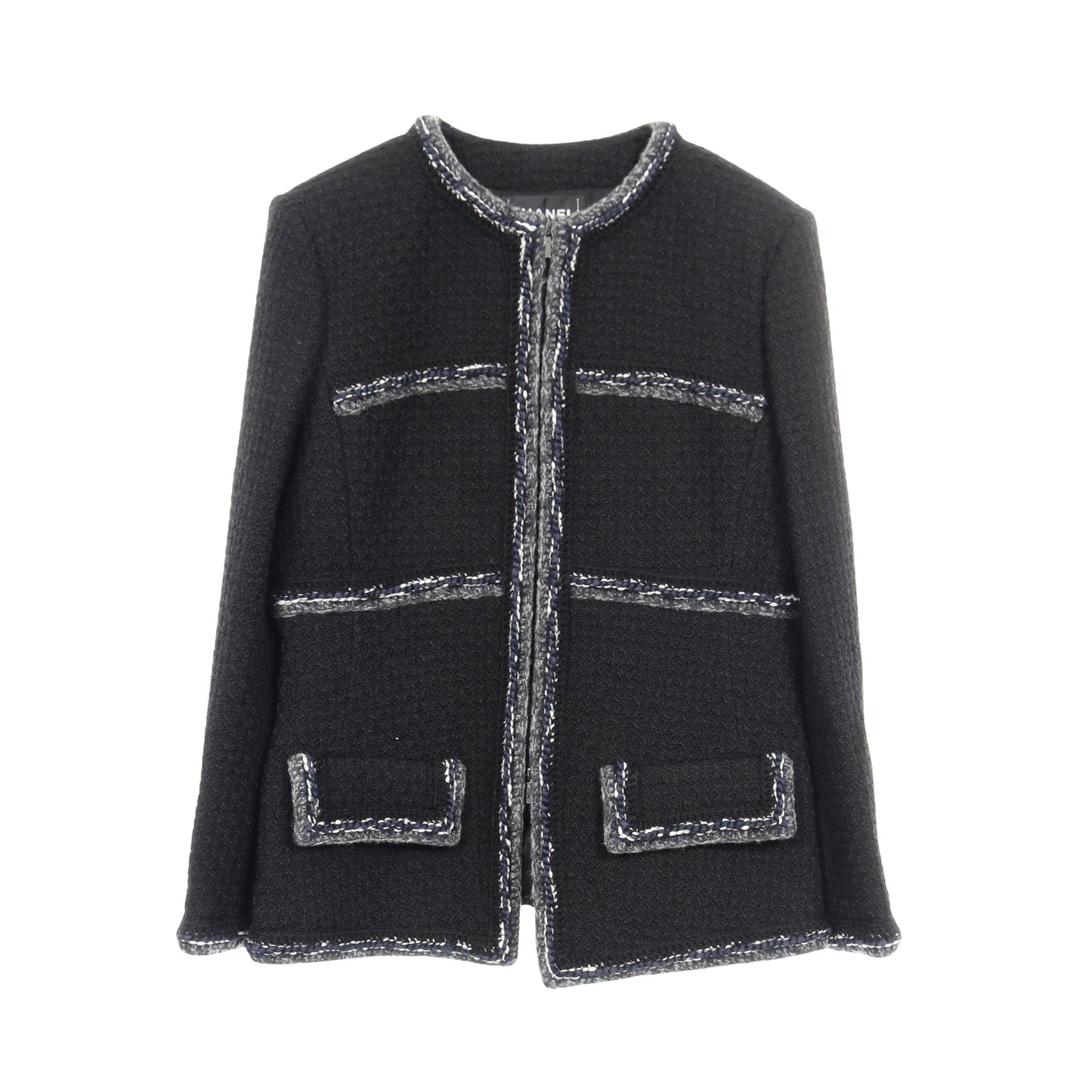 ココマークボタン ツイード ノーカラージャケット ウール ネイビー ジップアップ シャネル アウター CHANEL