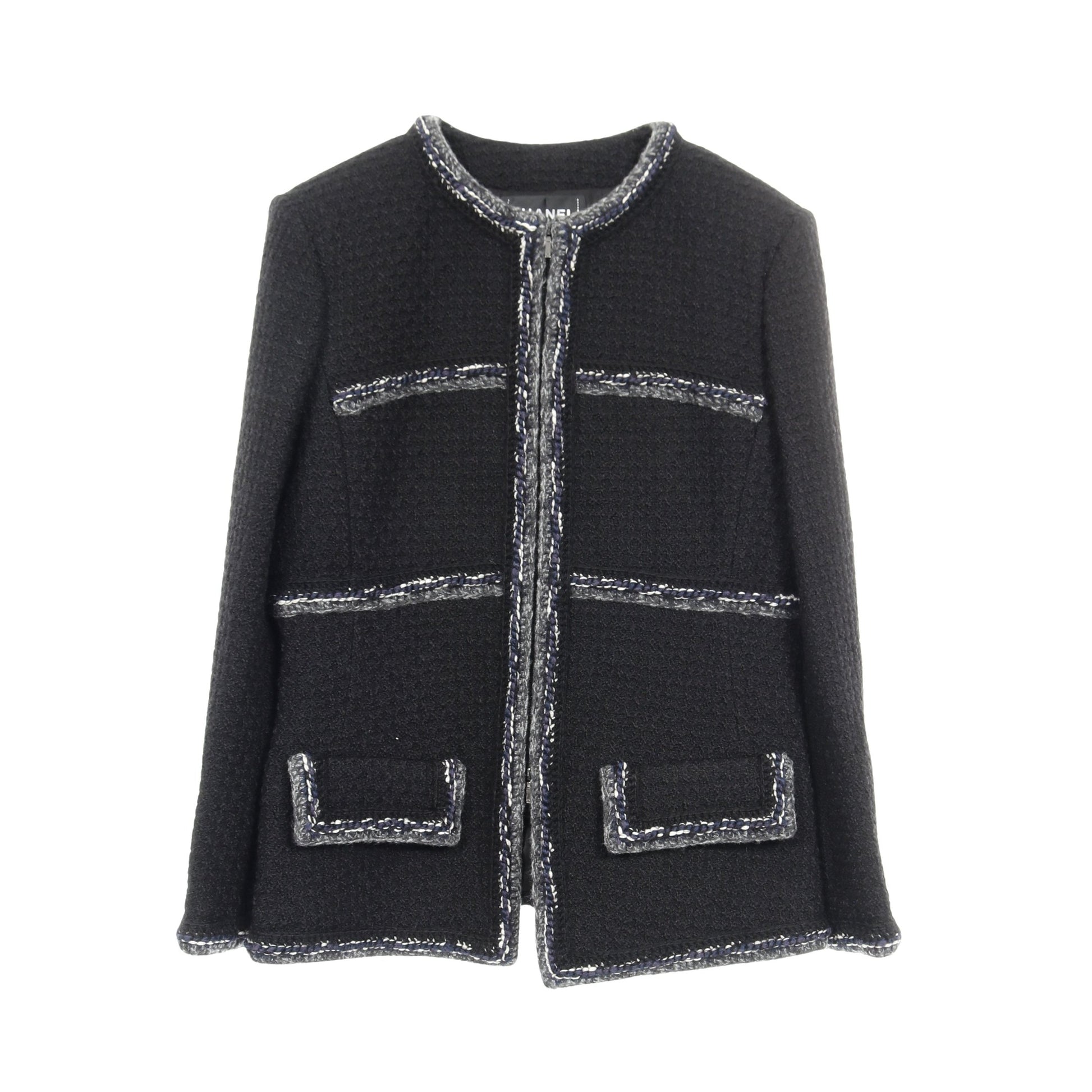 ココマークボタン ツイード ノーカラージャケット ウール ネイビー ジップアップ シャネル アウター CHANEL
