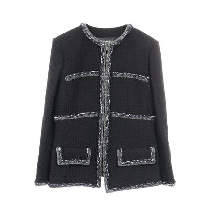 ココマークボタン ツイード ノーカラージャケット ウール ネイビー ジップアップ シャネル アウター CHANEL