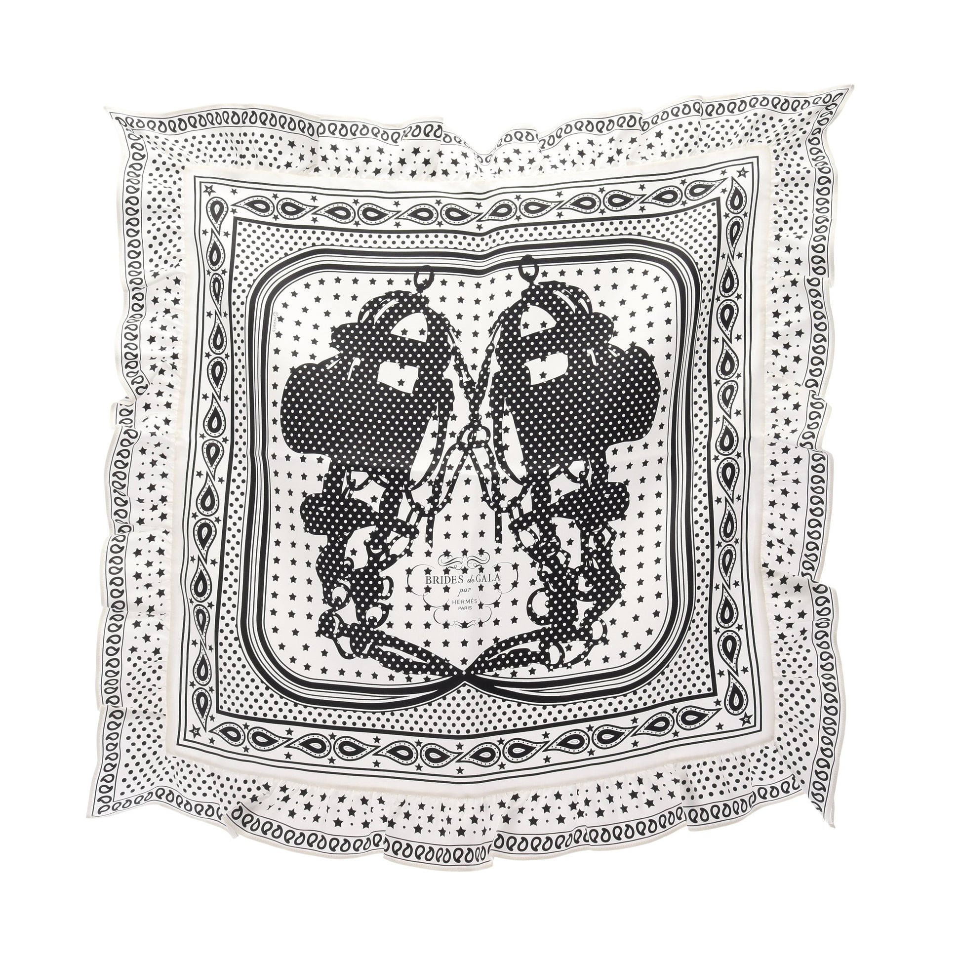 カレ70 BRIDES de GALA Bandana フリル スカーフ シルク オフホワイト ブラック エルメス 財布・小物 HERMES