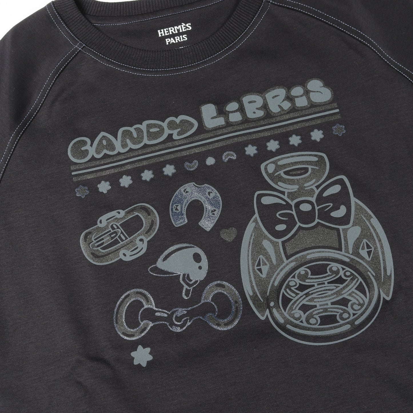 Candy Libris Tシャツ クルーネック 半袖 ラグランスリーブ コットン ブラック エルメス トップス HERMES