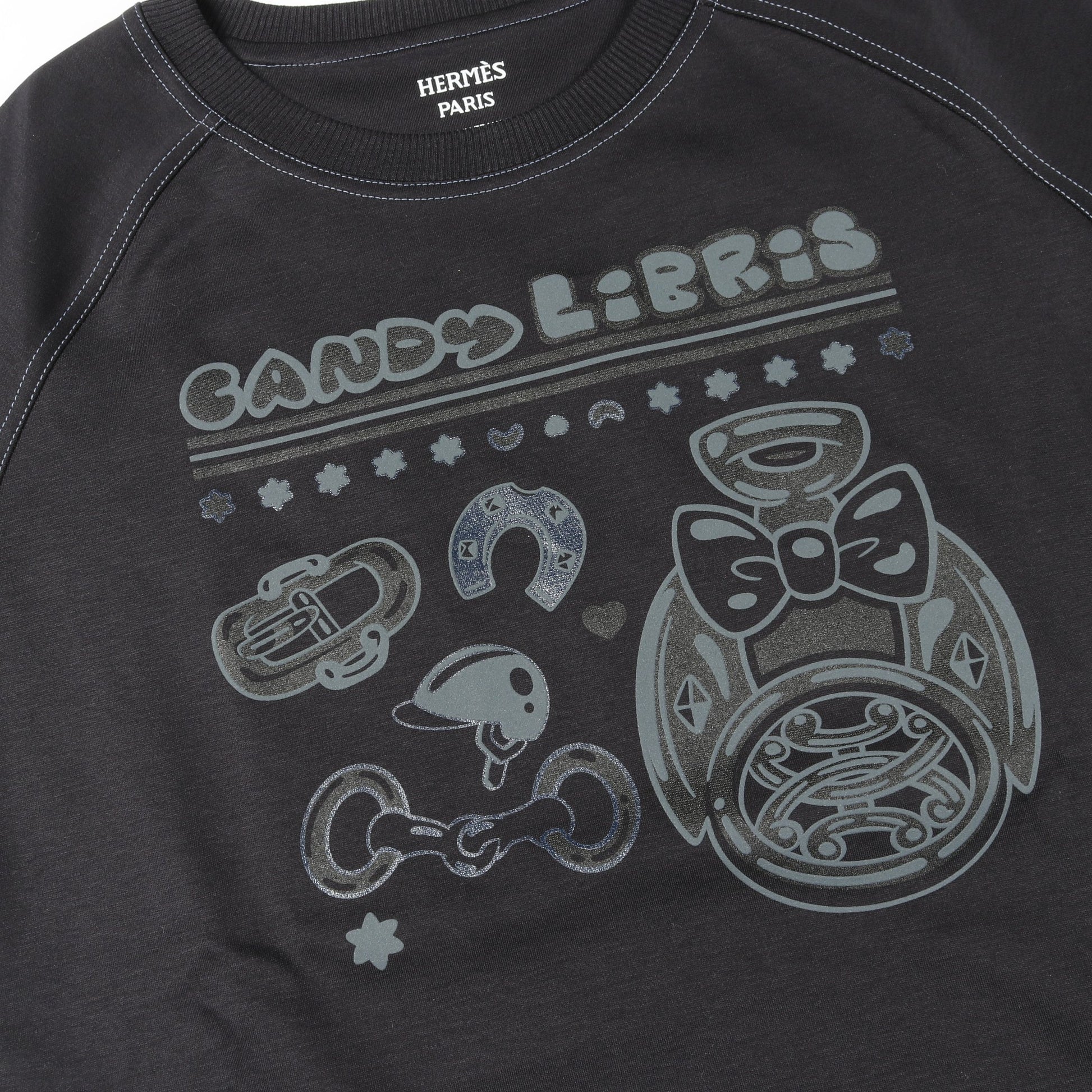 Candy Libris Tシャツ クルーネック 半袖 ラグランスリーブ コットン ブラック エルメス トップス HERMES