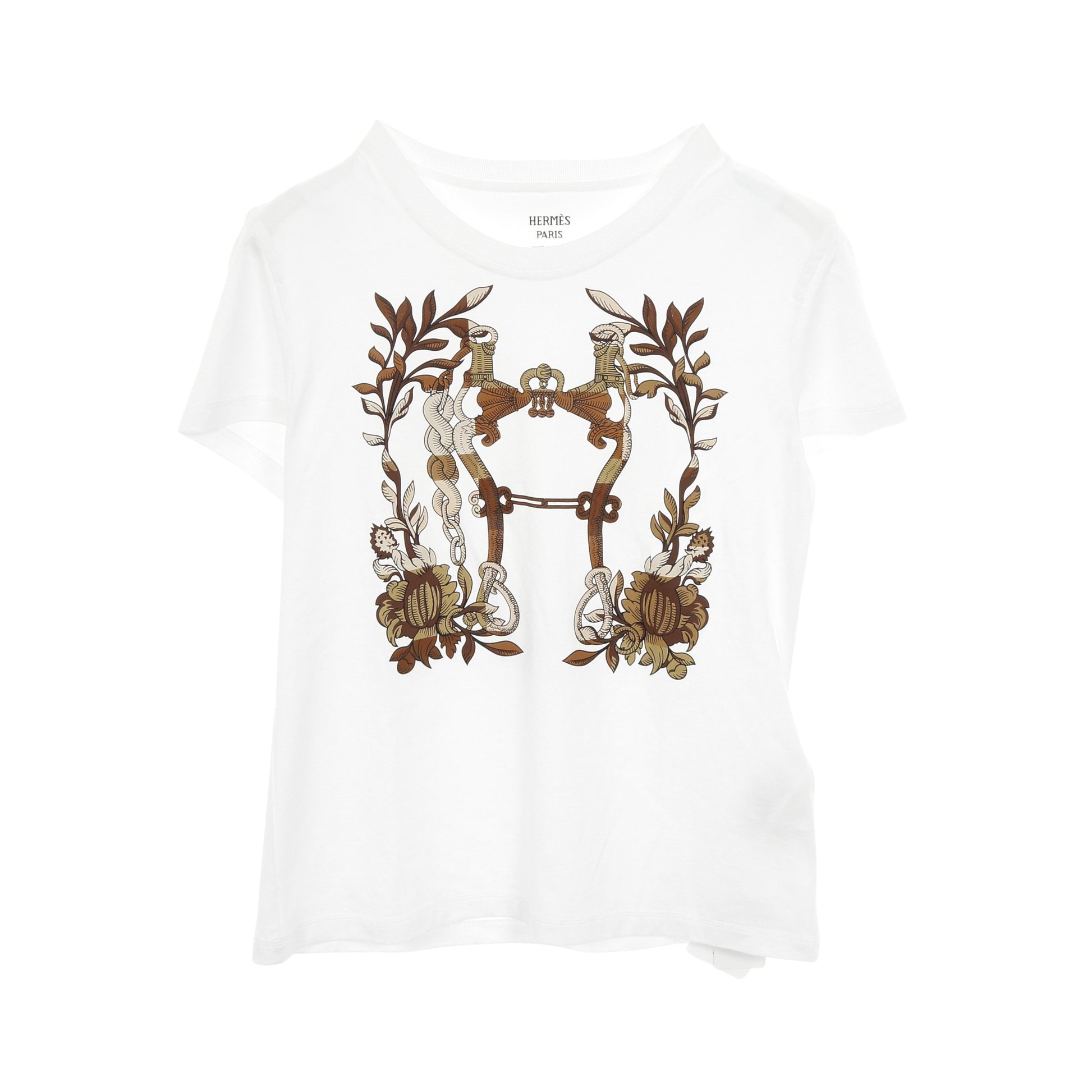 カルトゥッシュ デッラ カヴァッレリア Tシャツ クルーネック 半袖 コットン ホワイト ブラウン エルメス トップス HERMES