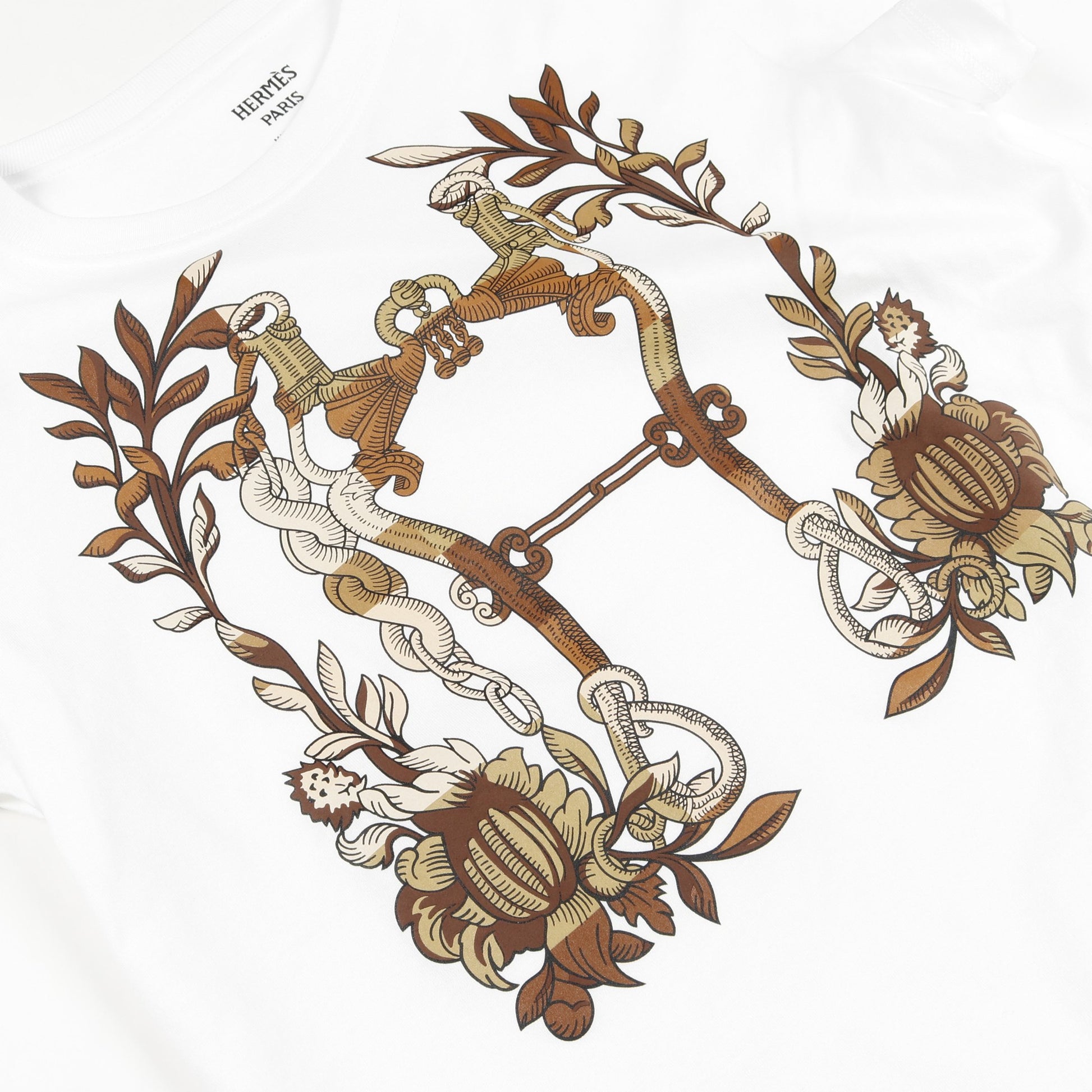 カルトゥッシュ デッラ カヴァッレリア Tシャツ クルーネック 半袖 コットン ホワイト ブラウン エルメス トップス HERMES