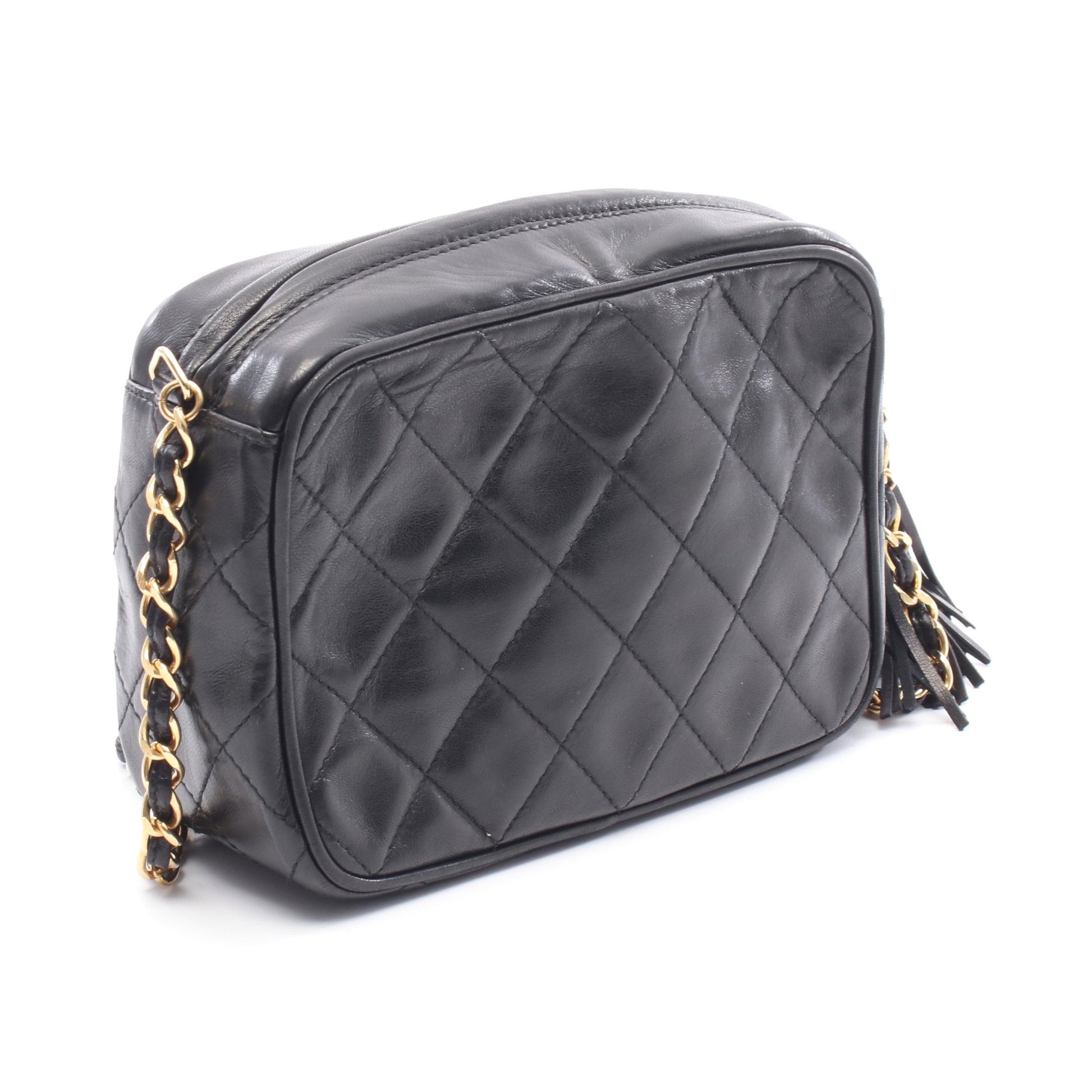 マトラッセ ココマーク カメラバッグ チェーンショルダーバッグ ラムスキン ブラック ゴールド金具 フリンジ ヴィンテージ シャネル バッグ CHANEL