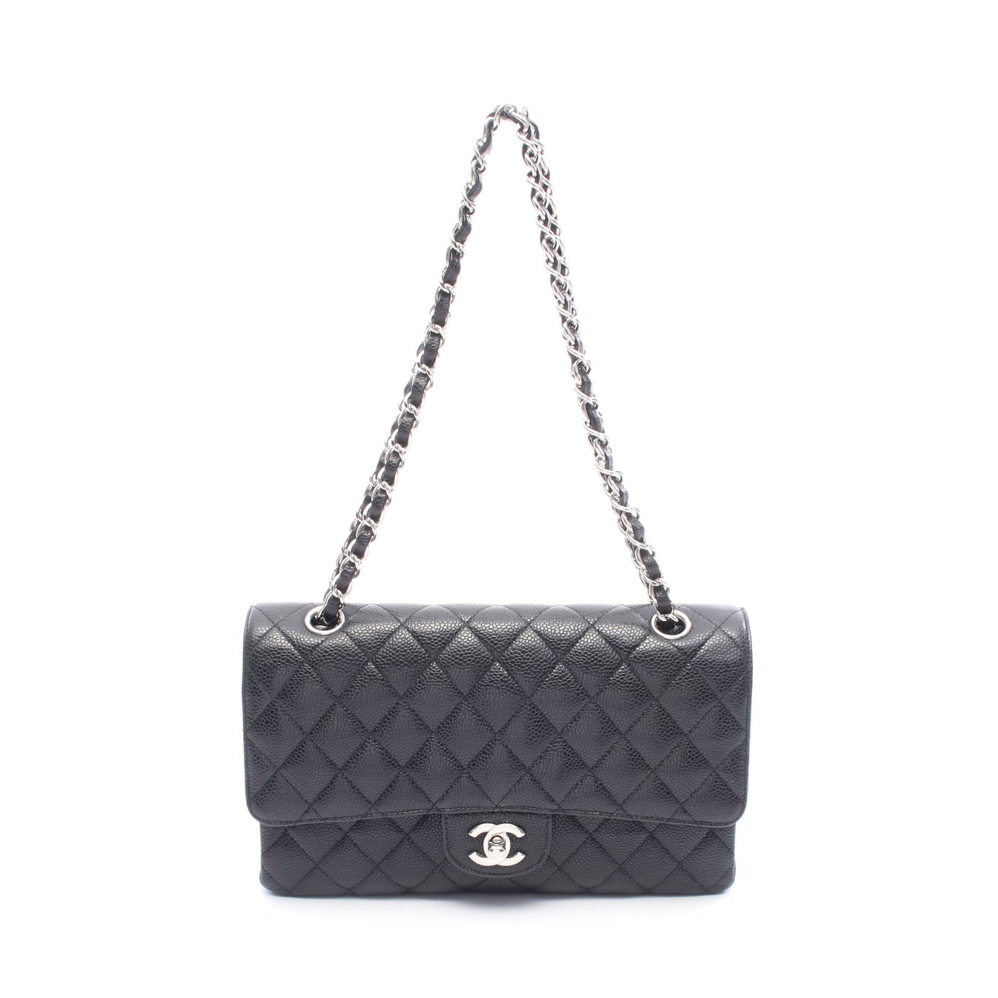 マトラッセ Wフラップ Wチェーンショルダーバッグ キャビアスキン ブラック シルバー金具 シャネル バッグ CHANEL
