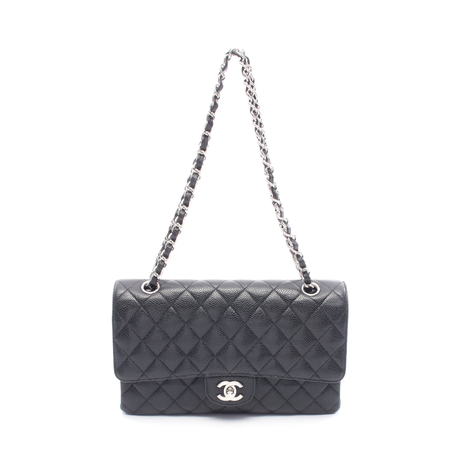 マトラッセ Wフラップ Wチェーンショルダーバッグ キャビアスキン ブラック シルバー金具 シャネル バッグ CHANEL
