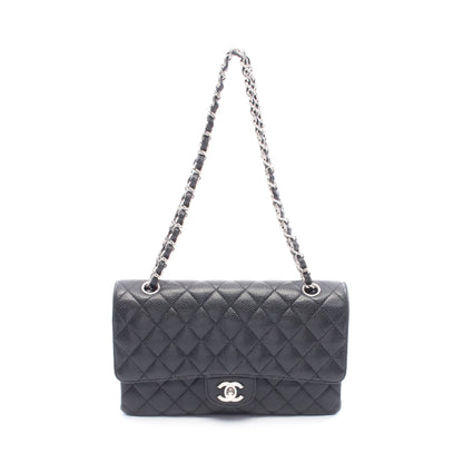 マトラッセ Wフラップ Wチェーンショルダーバッグ キャビアスキン ブラック シルバー金具 シャネル バッグ CHANEL