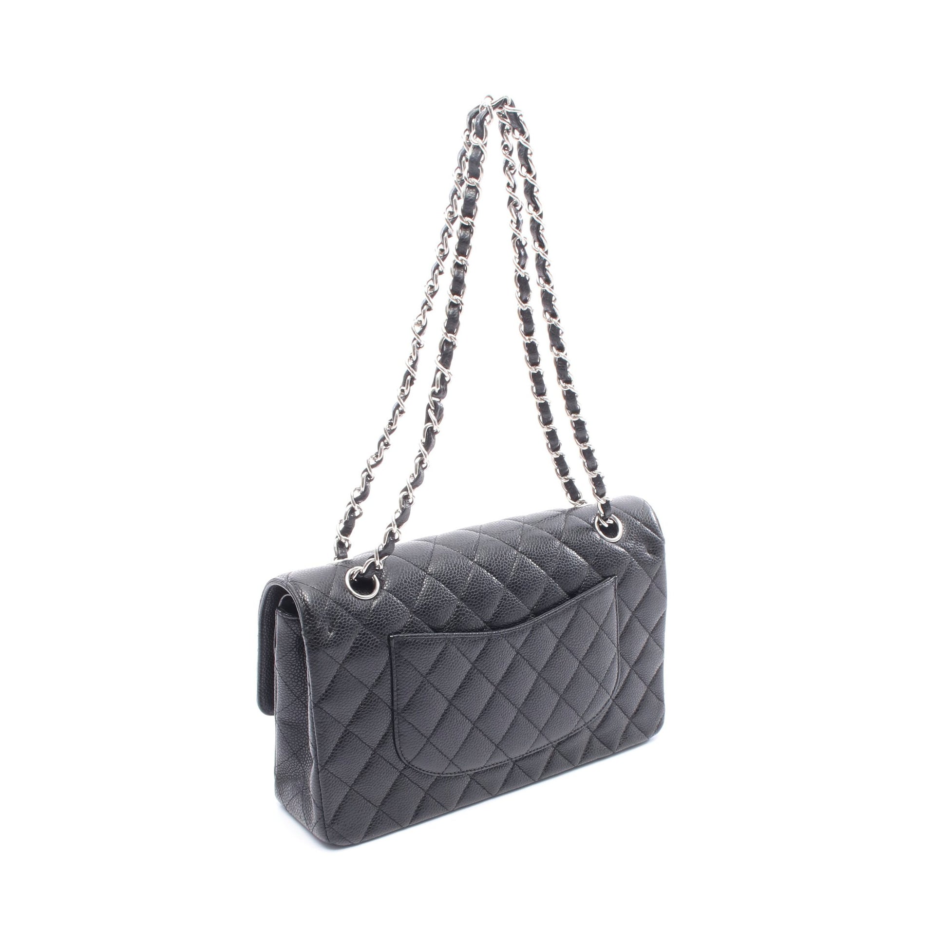 マトラッセ Wフラップ Wチェーンショルダーバッグ キャビアスキン ブラック シルバー金具 シャネル バッグ CHANEL
