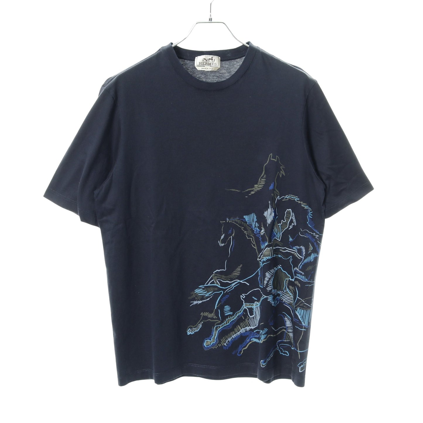 カヴァルカード Tシャツ クルーネック プリント コットン ネイビー エルメス トップス HERMES