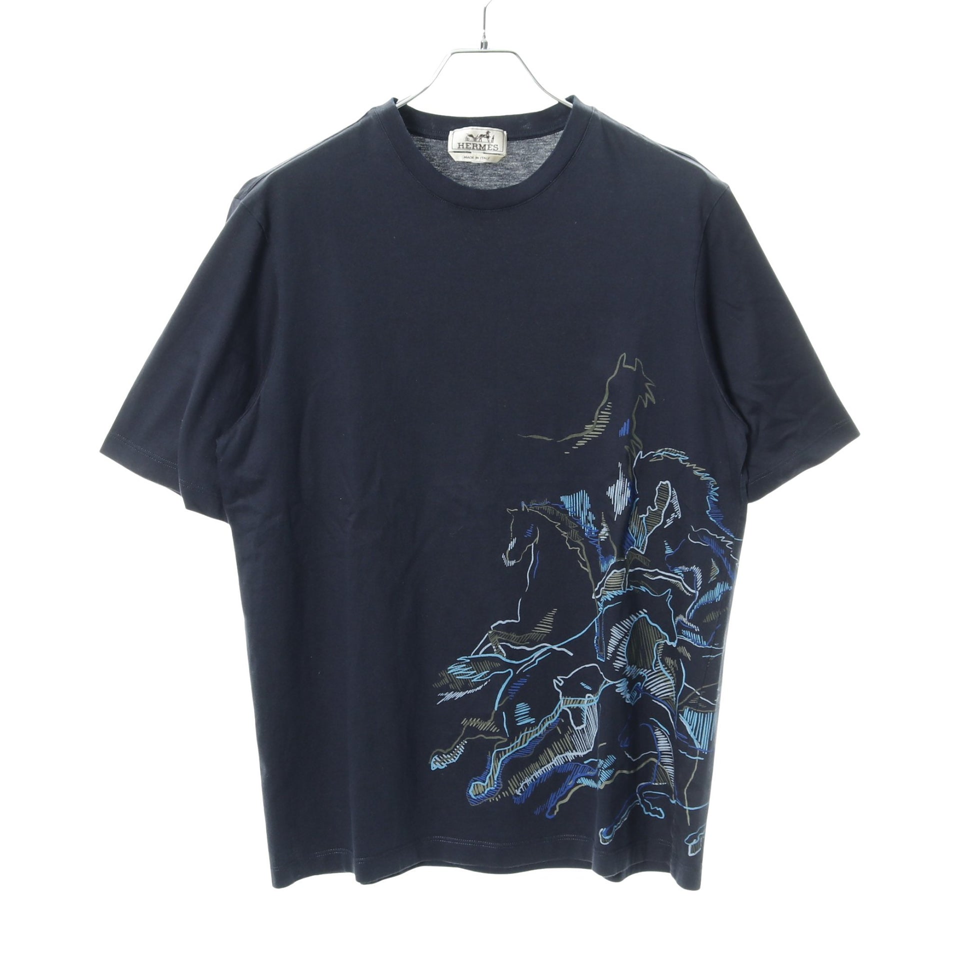 カヴァルカード Tシャツ クルーネック プリント コットン ネイビー エルメス トップス HERMES