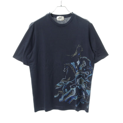 カヴァルカード Tシャツ クルーネック プリント コットン ネイビー エルメス トップス HERMES