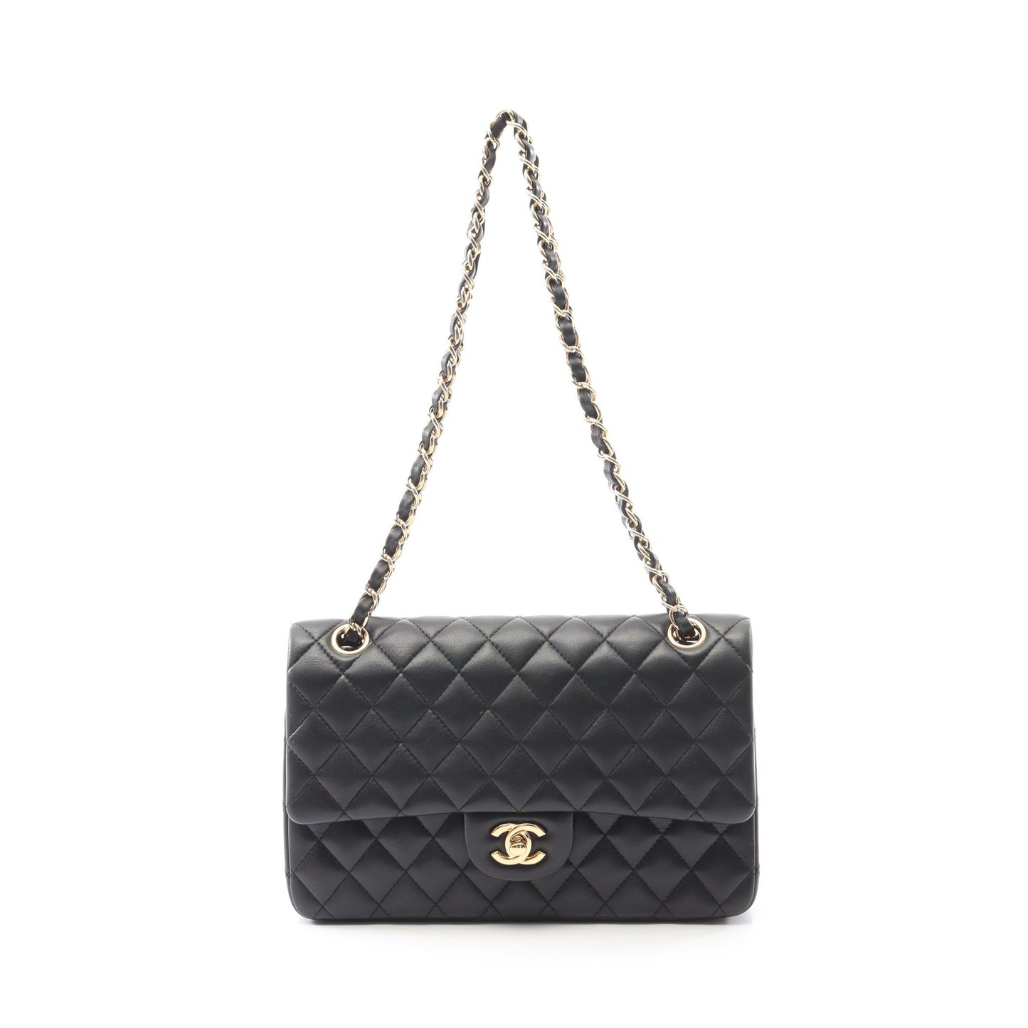 マトラッセ Wフラップ Wチェーンショルダーバッグ ラムスキン ブラック ゴールド金具 シャネル バッグ CHANEL