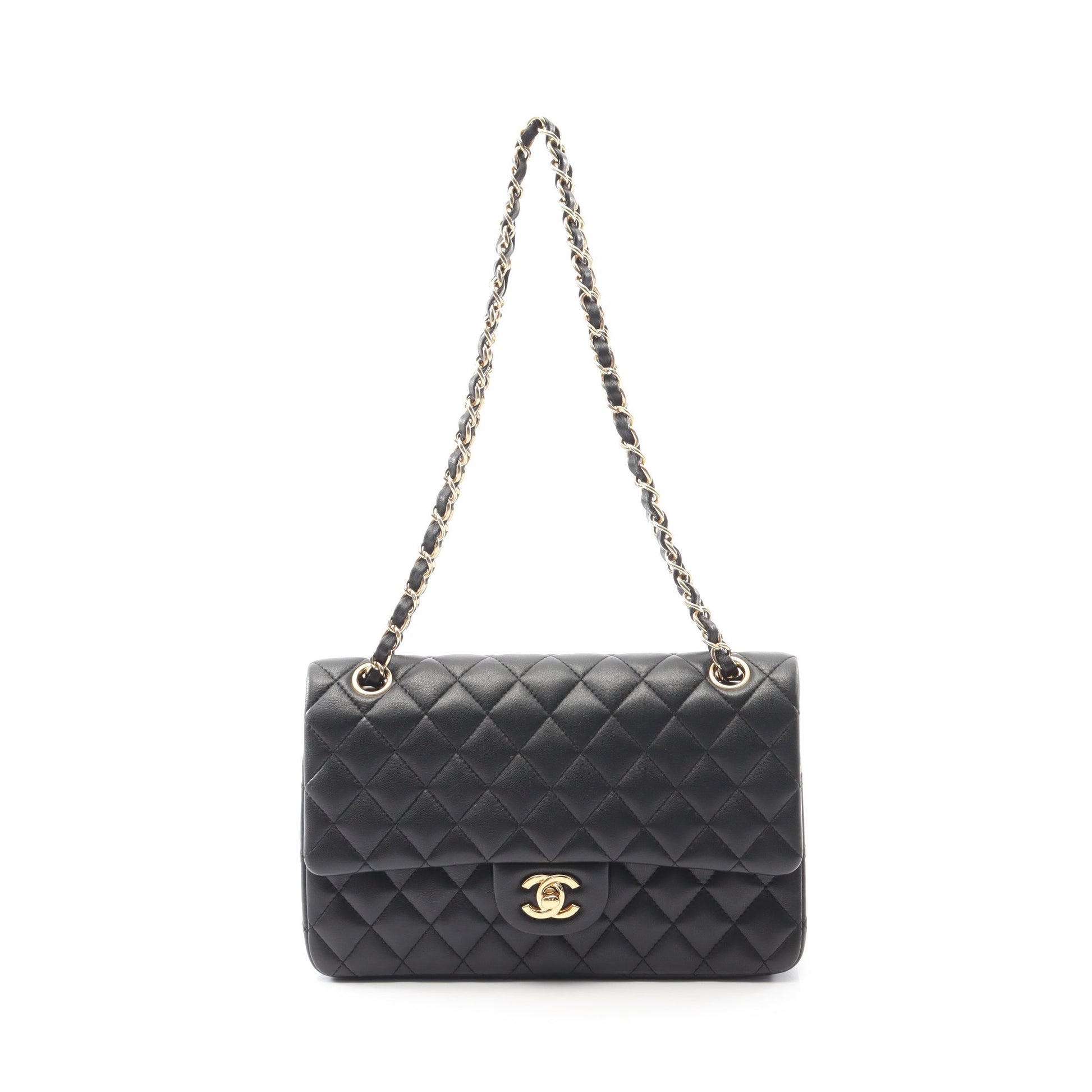 マトラッセ Wフラップ Wチェーンショルダーバッグ ラムスキン ブラック ゴールド金具 シャネル バッグ CHANEL