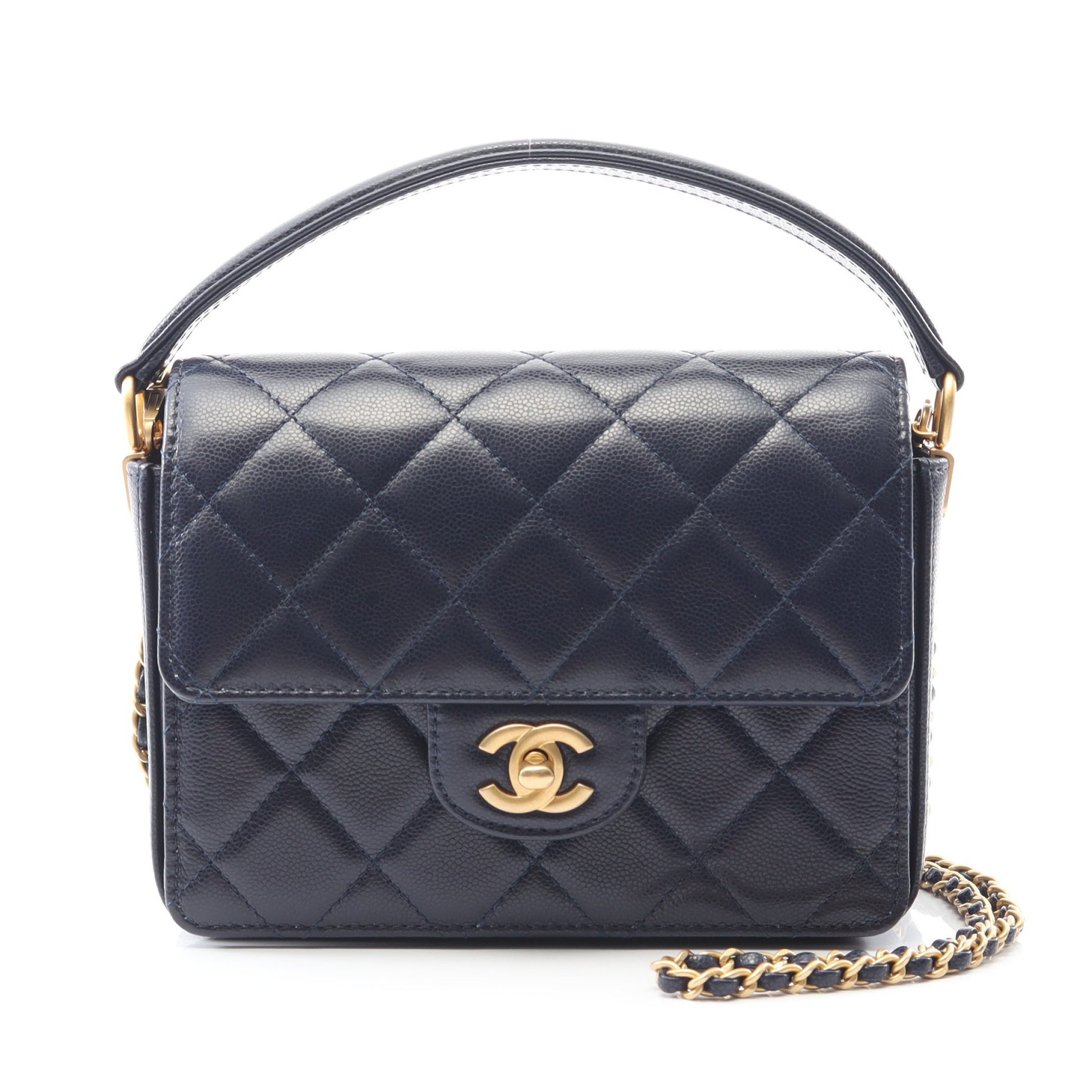 マトラッセ ハンドバッグ キャビアスキン ダークネイビー ゴールド金具 2WAY シャネル バッグ CHANEL