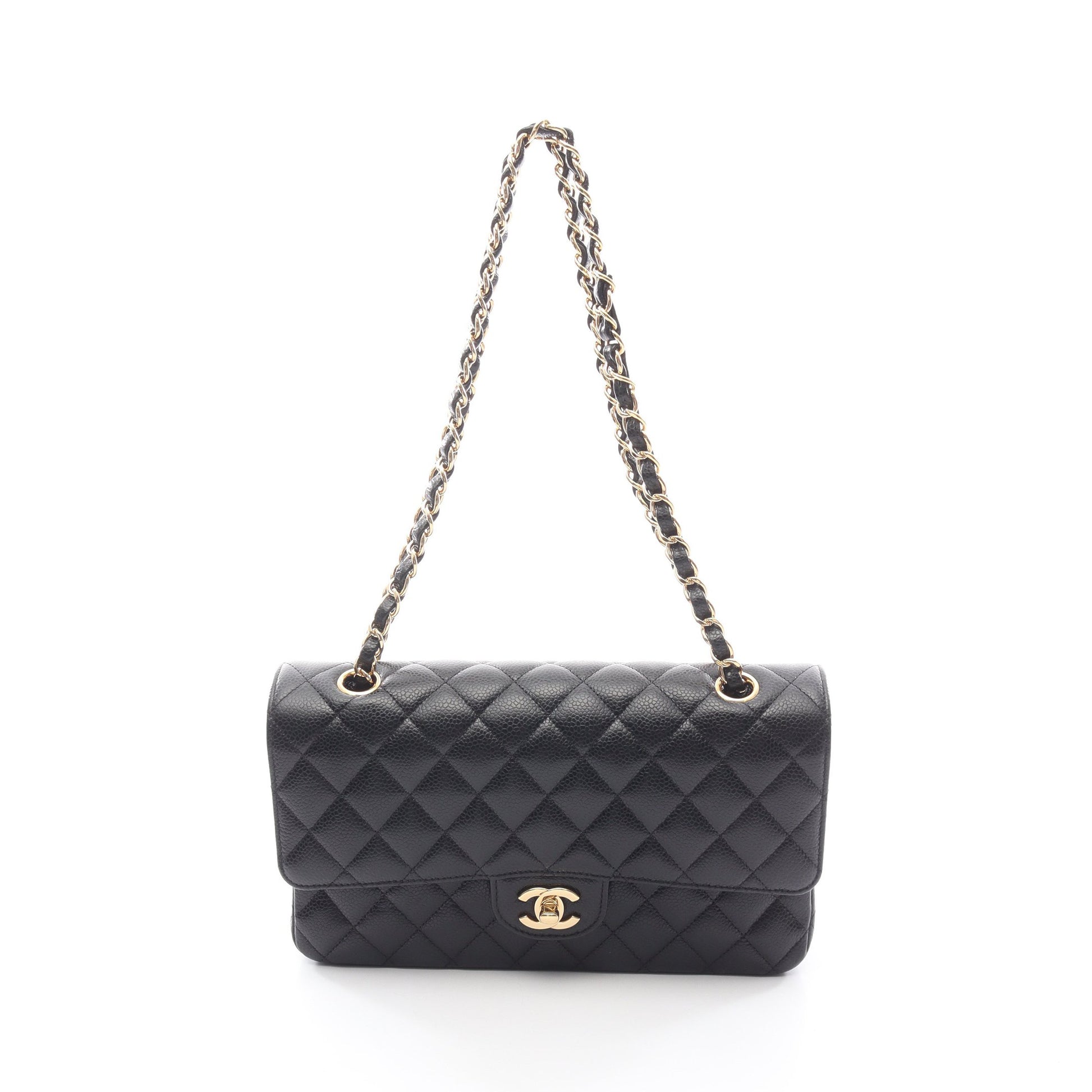 マトラッセ Wフラップ Wチェーンショルダーバッグ キャビアスキン ブラック ゴールド金具 シャネル バッグ CHANEL