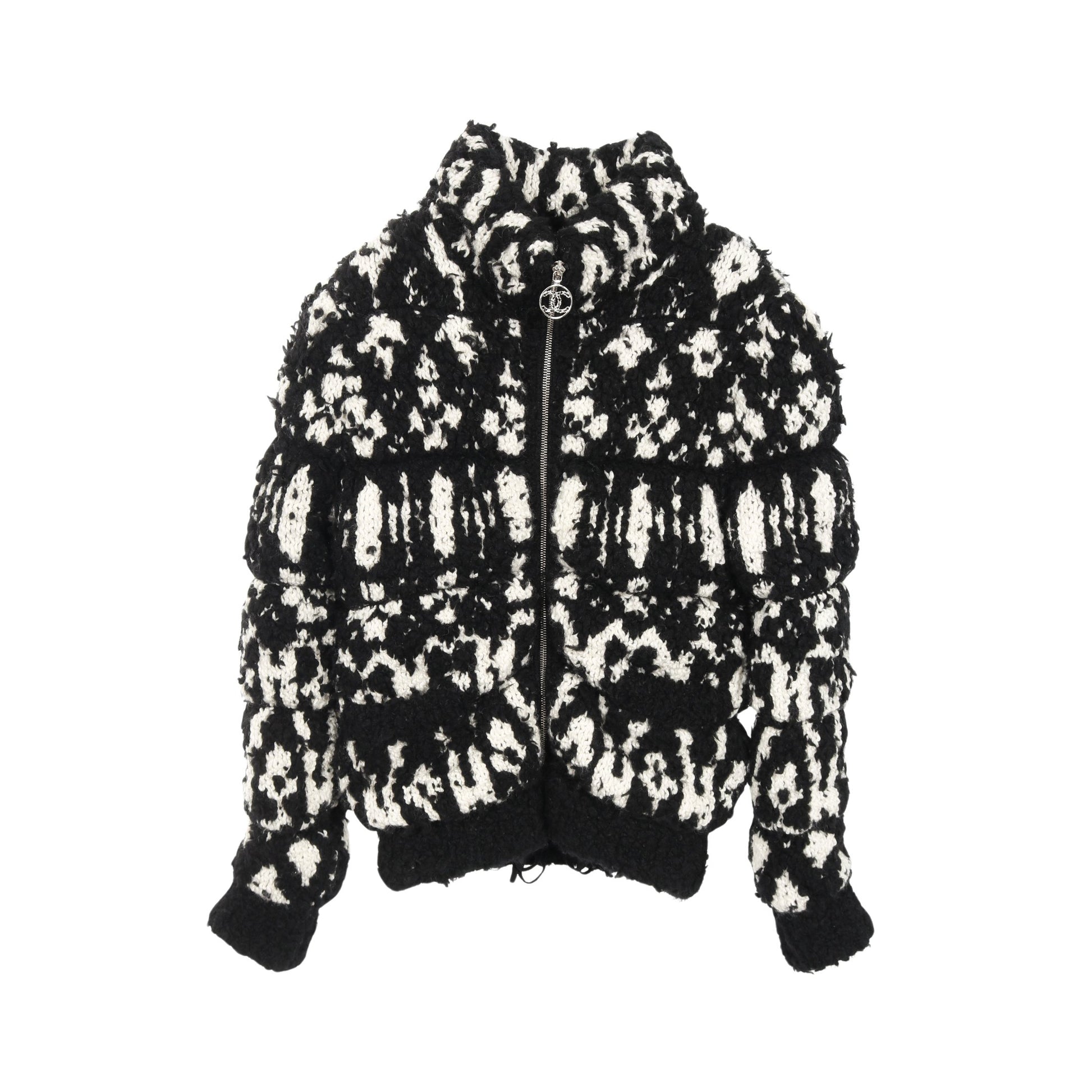 ココマーク ニット ブルゾン 総柄 ウール カシミヤ ブラック ホワイト 中綿 シャネル アウター CHANEL