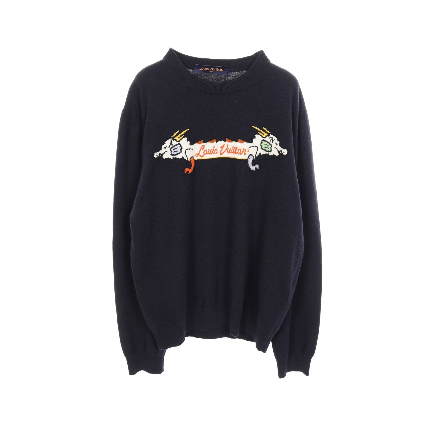 LOUIS VUITTON × NIGO インタルシアジャカード ドラゴン グラフィック ニット クルーネック カシミヤ ネイビー マルチカラー ルイヴィトン トップス LOUIS VUITTON