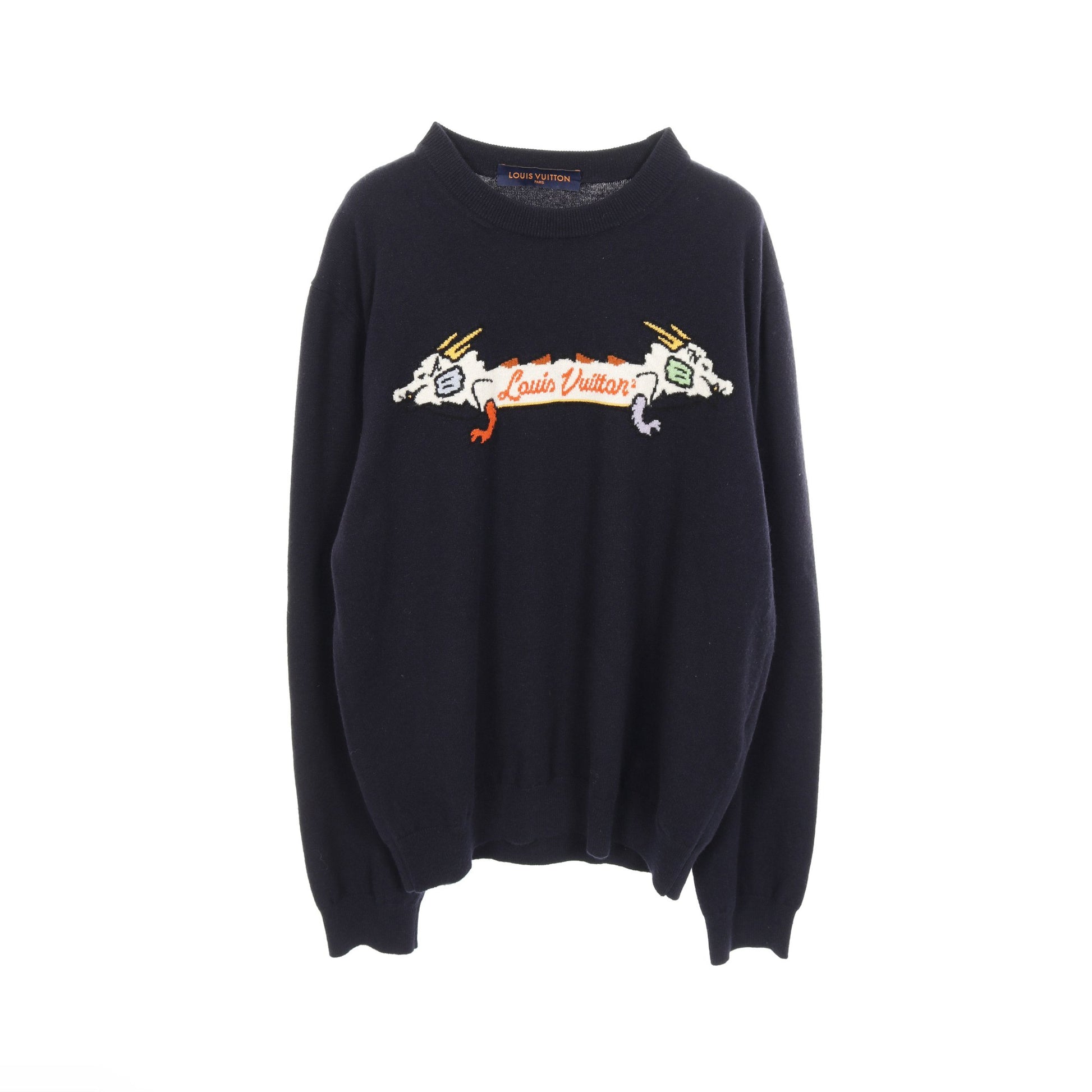 LOUIS VUITTON × NIGO インタルシアジャカード ドラゴン グラフィック ニット クルーネック カシミヤ ネイビー マルチカラー ルイヴィトン トップス LOUIS VUITTON