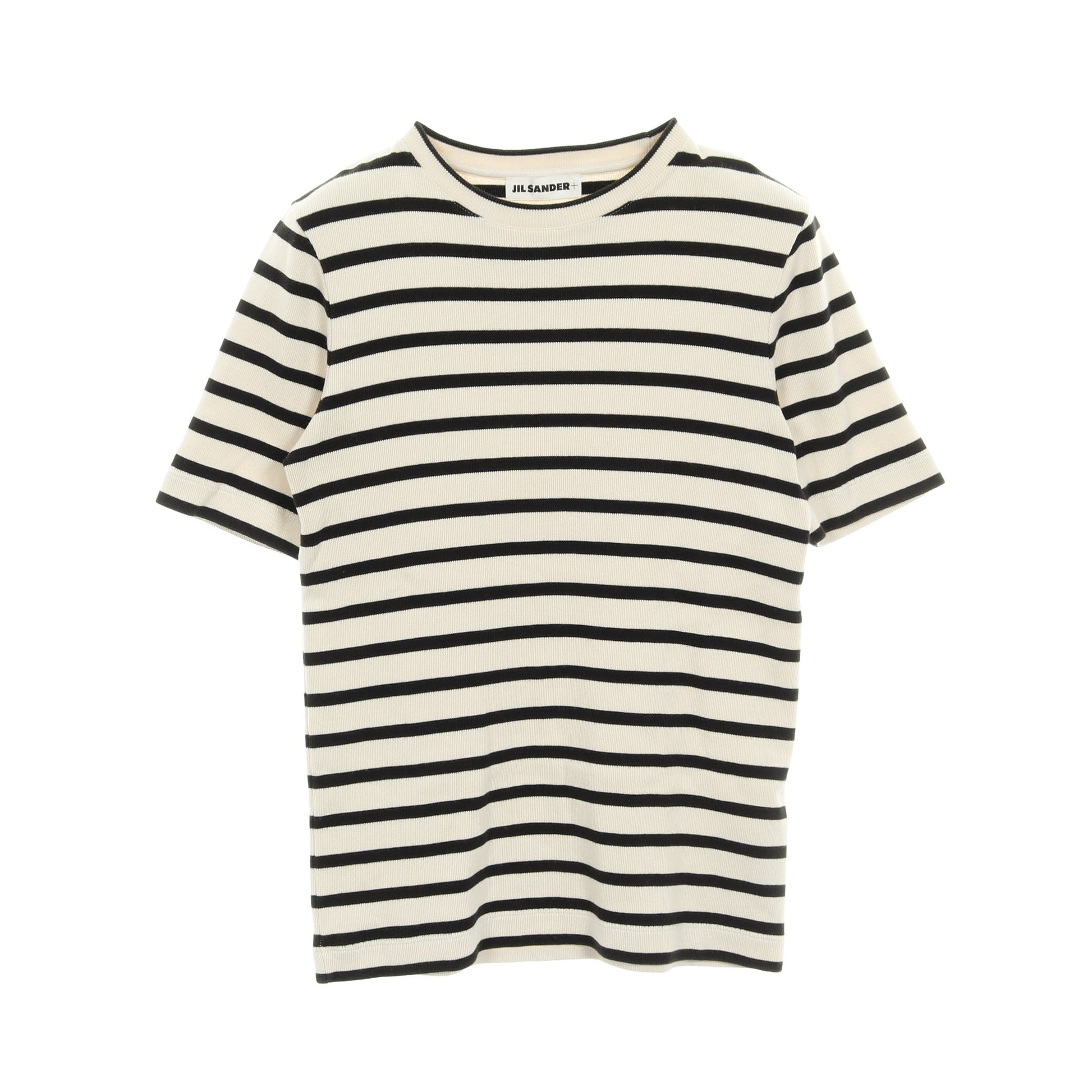 Tシャツ クルーネック 半袖 ボーダー バックロゴ コットン アイボリー ブラック ジルサンダープラス トップス JIL SANDER＋