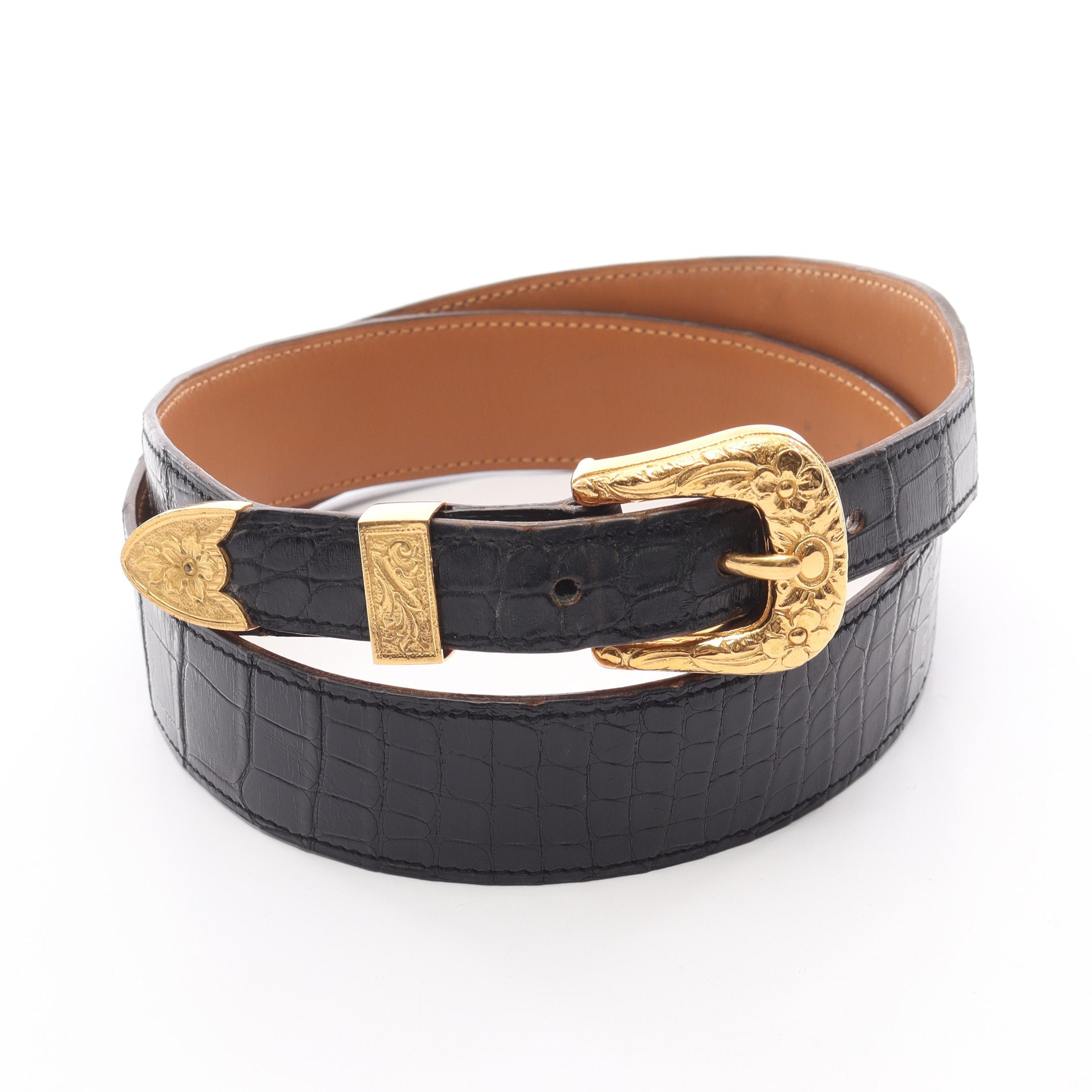 81.5～91.5　エルメス　アリゲーター　メンズ　ベルト　黒　ゴールド　〇X 81.5～91.5 エルメス アリゲーター メンズ ベルト 黒 ゴールド 〇X