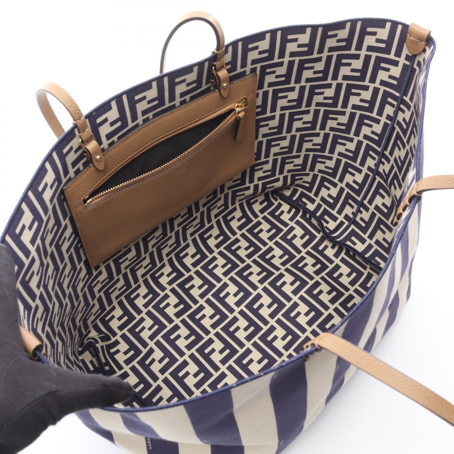 LARGE ROLL ショルダーバッグ トートバッグ キャンバス レザー ベージュ ネイビー リバーシブル フェンディ バッグ FENDI