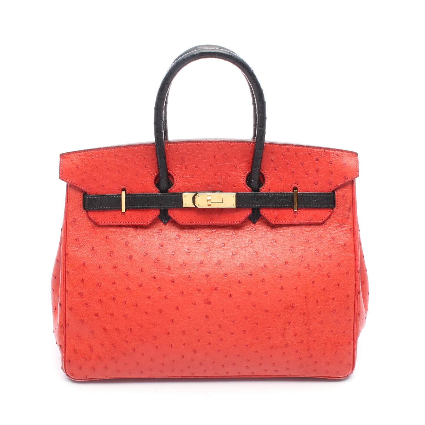 バーキン35 ルージュヴィフ ハンドバッグ オーストリッチ レッド ブラック ゴールド金具 ○Y刻印 エルメス バッグ HERMES