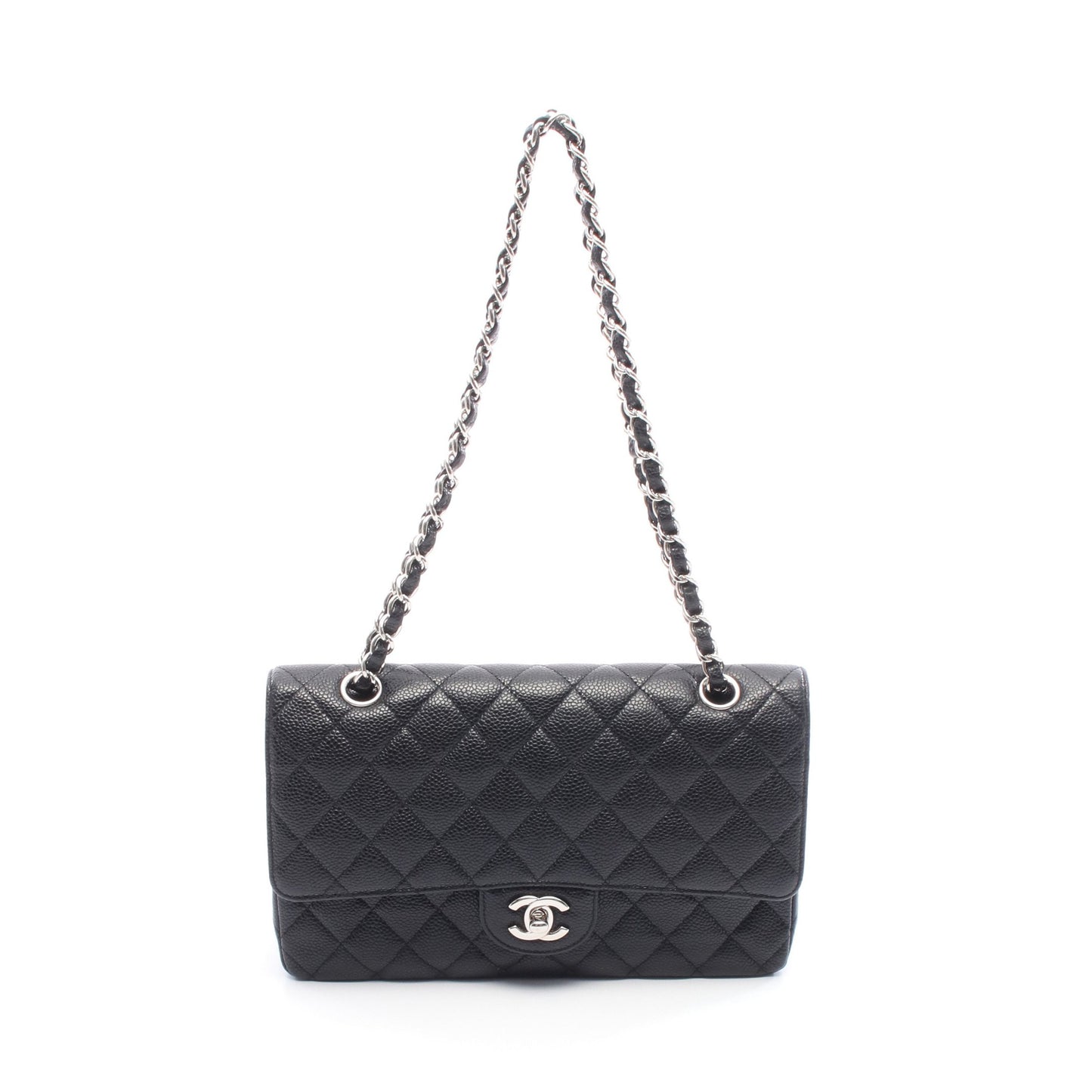 マトラッセ Wフラップ Wチェーンショルダーバッグ キャビアスキン ブラック シルバー金具 シャネル バッグ CHANEL