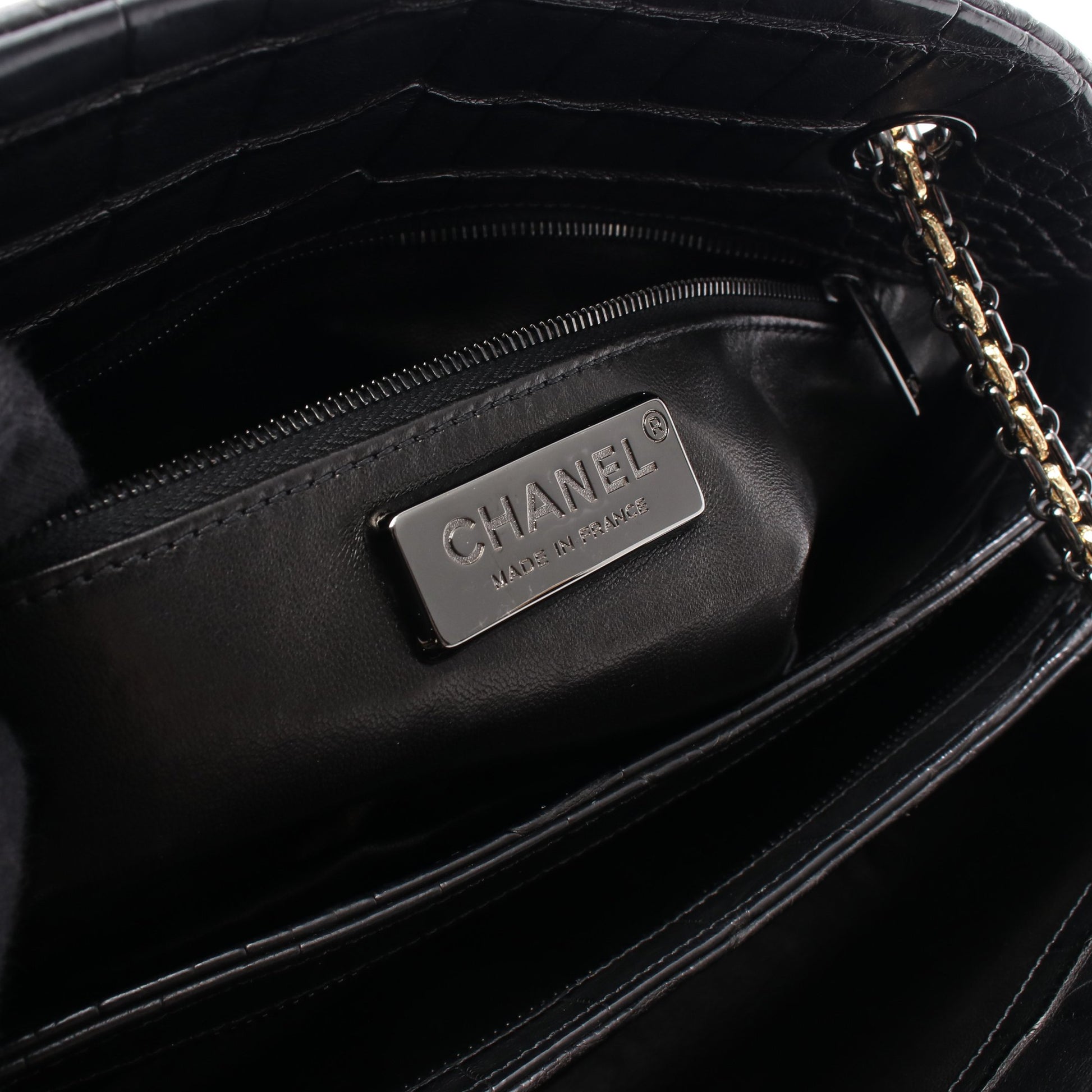 マドモアゼル ボーリングバッグ チェーンショルダーバッグ クロコダイル ブラック コンビ金具 バッグ CHANEL