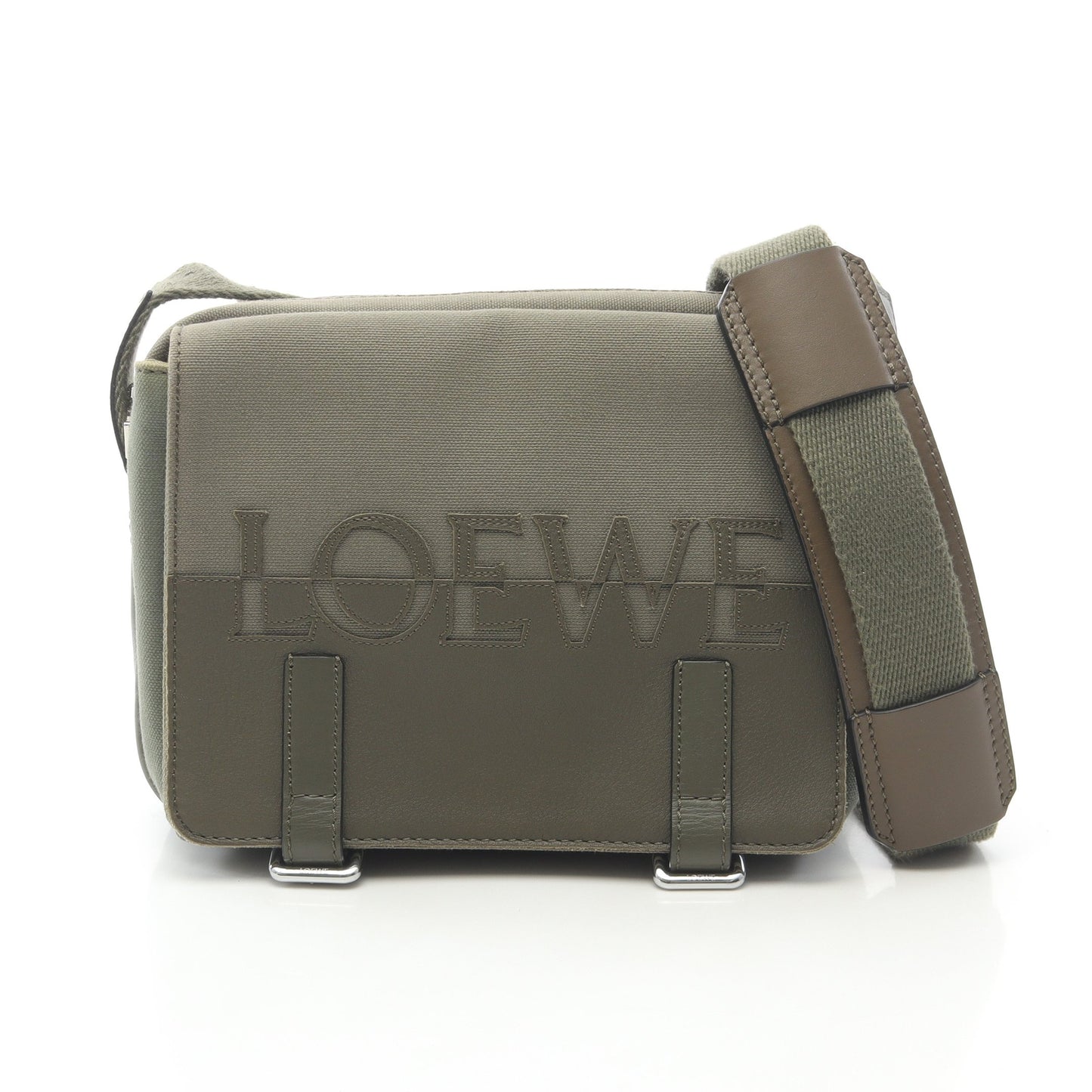 MILITARY MESSENGER SIGNAT ミリタリー メッセンジャーバッグ XS ショルダーバッグ キャンバス レザー カーキグリーン ロエベ バッグ LOEWE