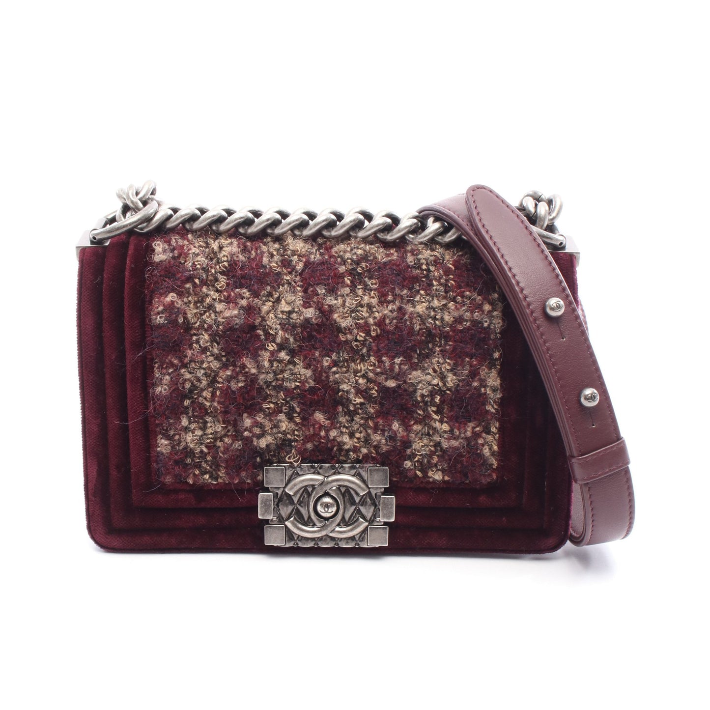 ボーイシャネル スモール チェーンショルダーバッグ ベロア ツイード ボルドー ベージュ シルバー金具 シャネル バッグ CHANEL
