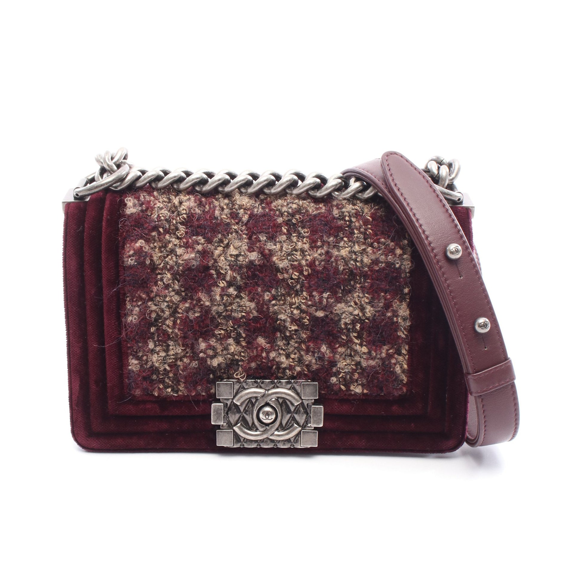 ボーイシャネル スモール チェーンショルダーバッグ ベロア ツイード ボルドー ベージュ シルバー金具 シャネル バッグ CHANEL