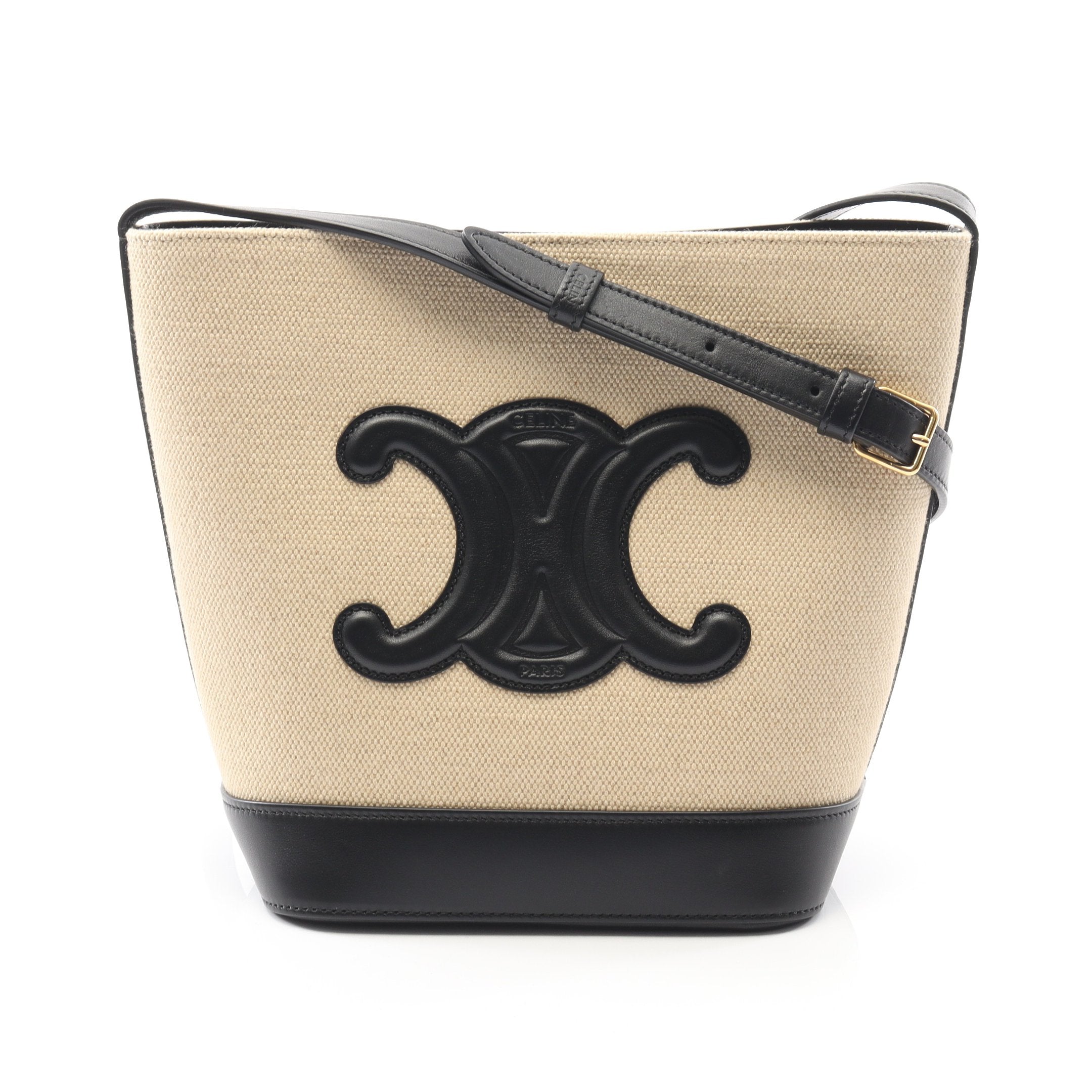 セリーヌ CELINE スモール バケット キュイル トリオンフ ショルダーバッグ バッグ キャンバス レザー レディース ベージュ系 / ブラック系 【中古】 スモール バケット キュイル トリオンフ ショルダーバッグ キャンバス