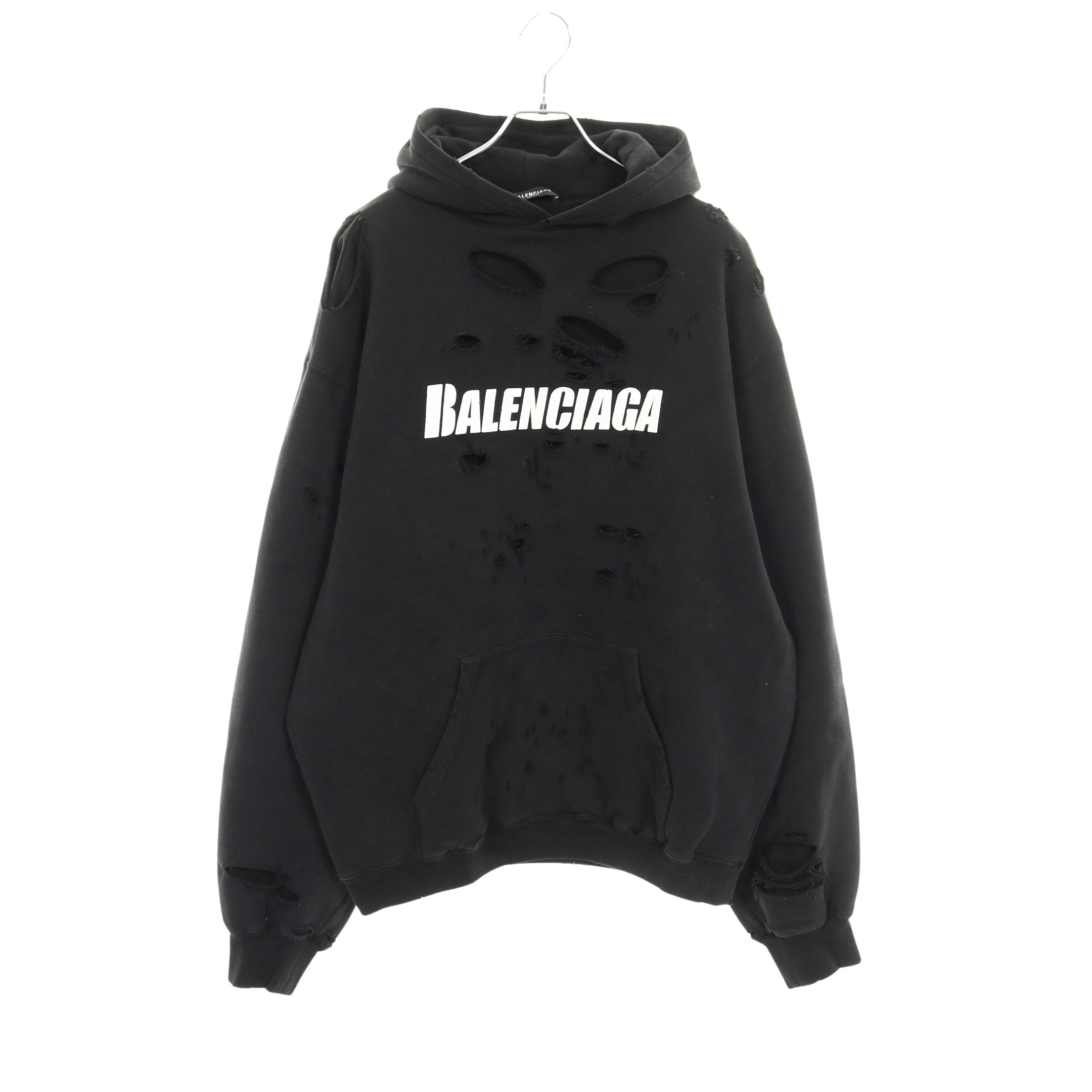 【極美品】BALENCIAGA バレンシアガ　デストロイ　ロゴニット　クラッシュ DESTROYED HOODIE フーディ プルオーバーパーカー コットン ブラック