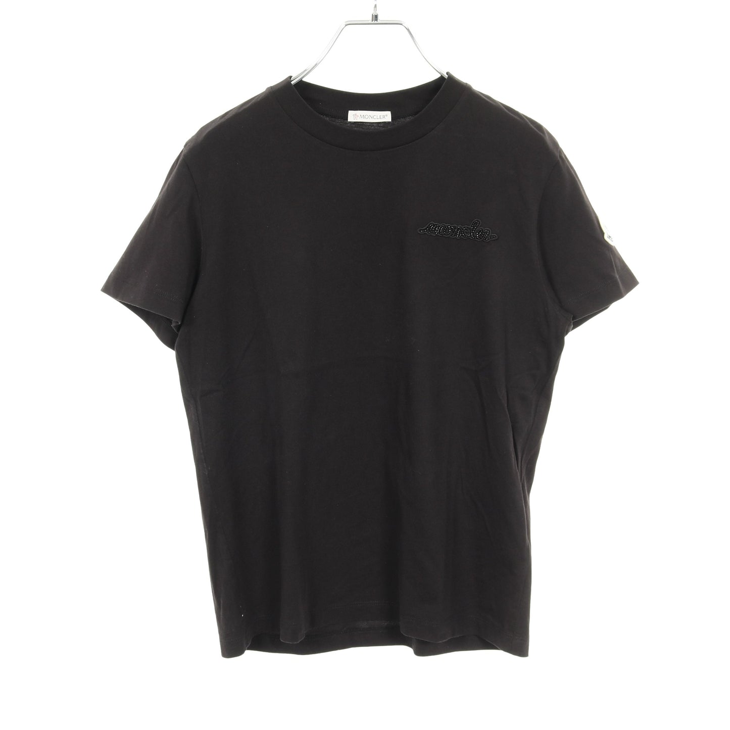 Tシャツ クルーネック 半袖 ロゴ刺繍 ビーズ コットン ブラック モンクレール トップス MONCLER