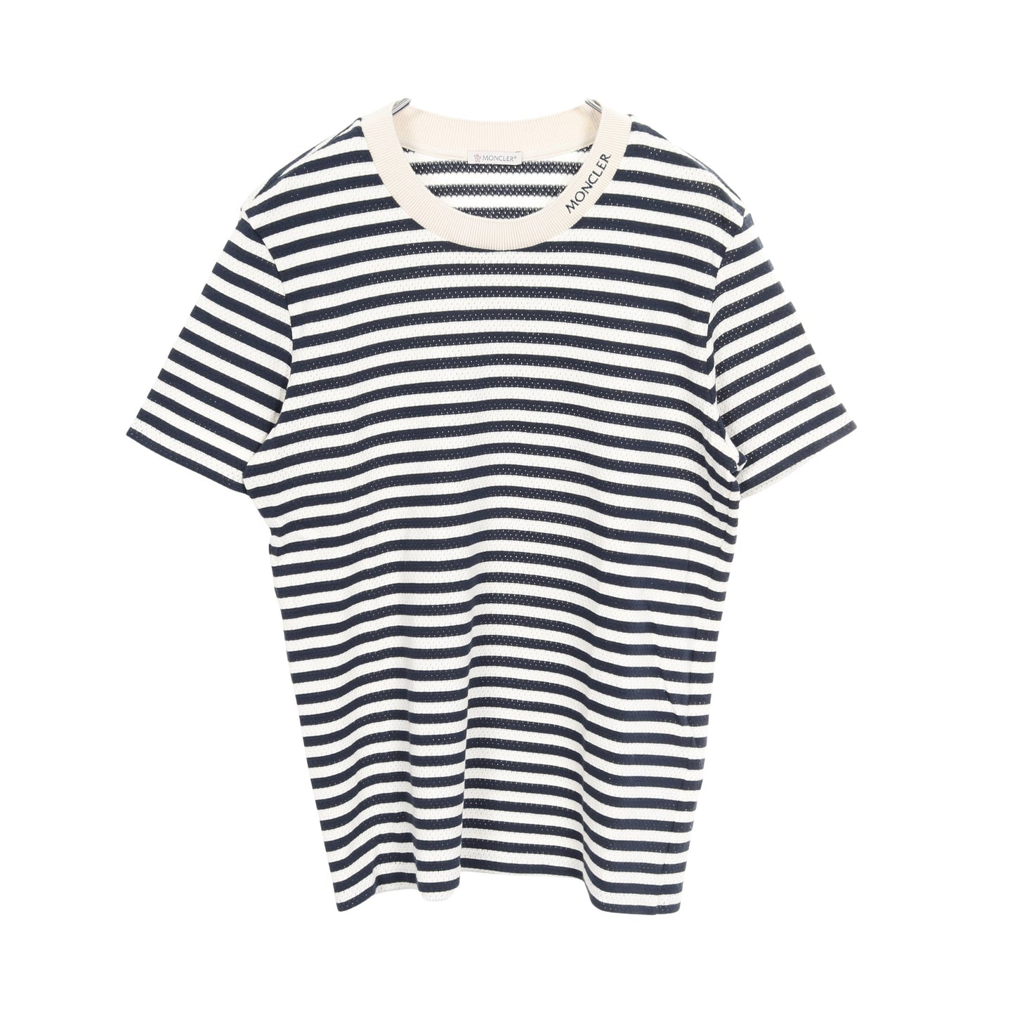 Tシャツ クルーネック 半袖 ボーダー コットン ネイビー オフホワイト メッシュ モンクレール トップス MONCLER