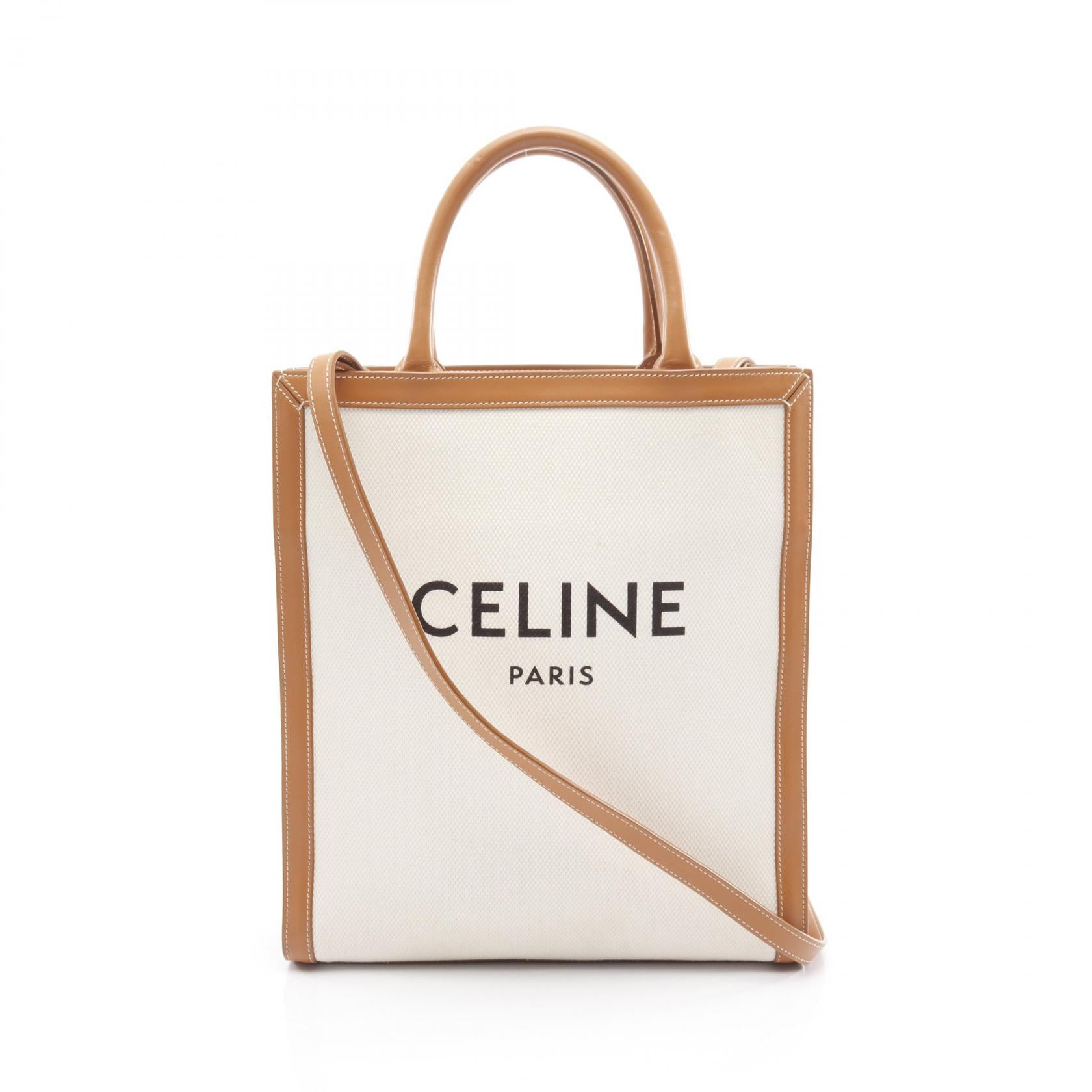 スモール バーティカル カバ ハンドバッグ トートバッグ キャンバス レザー オフホワイト ライトブラウン 2WAY セリーヌ バッグ CELINE
