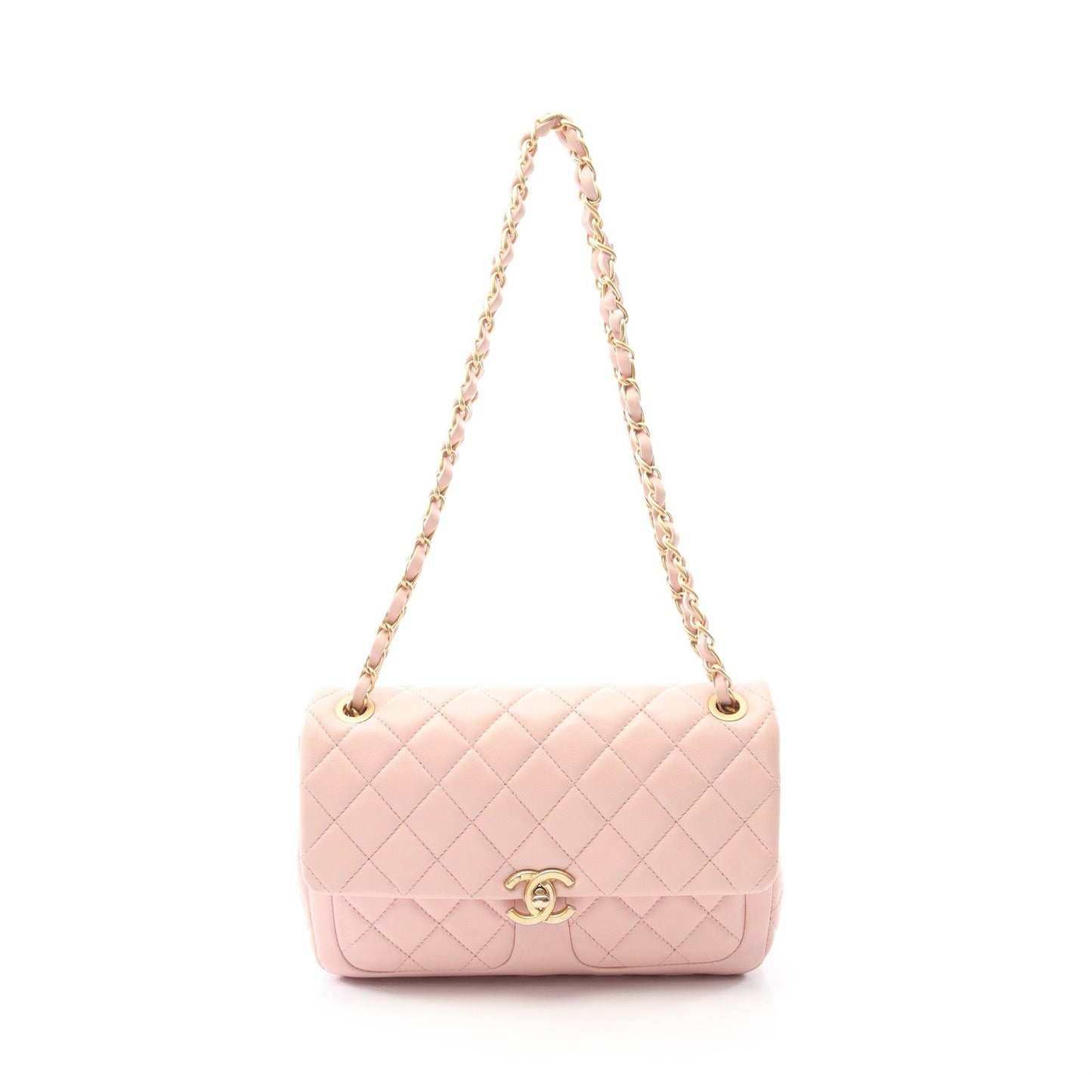 マトラッセ Wチェーンショルダーバッグ ラムスキン ピンク ゴールド金具 シャネル バッグ CHANEL