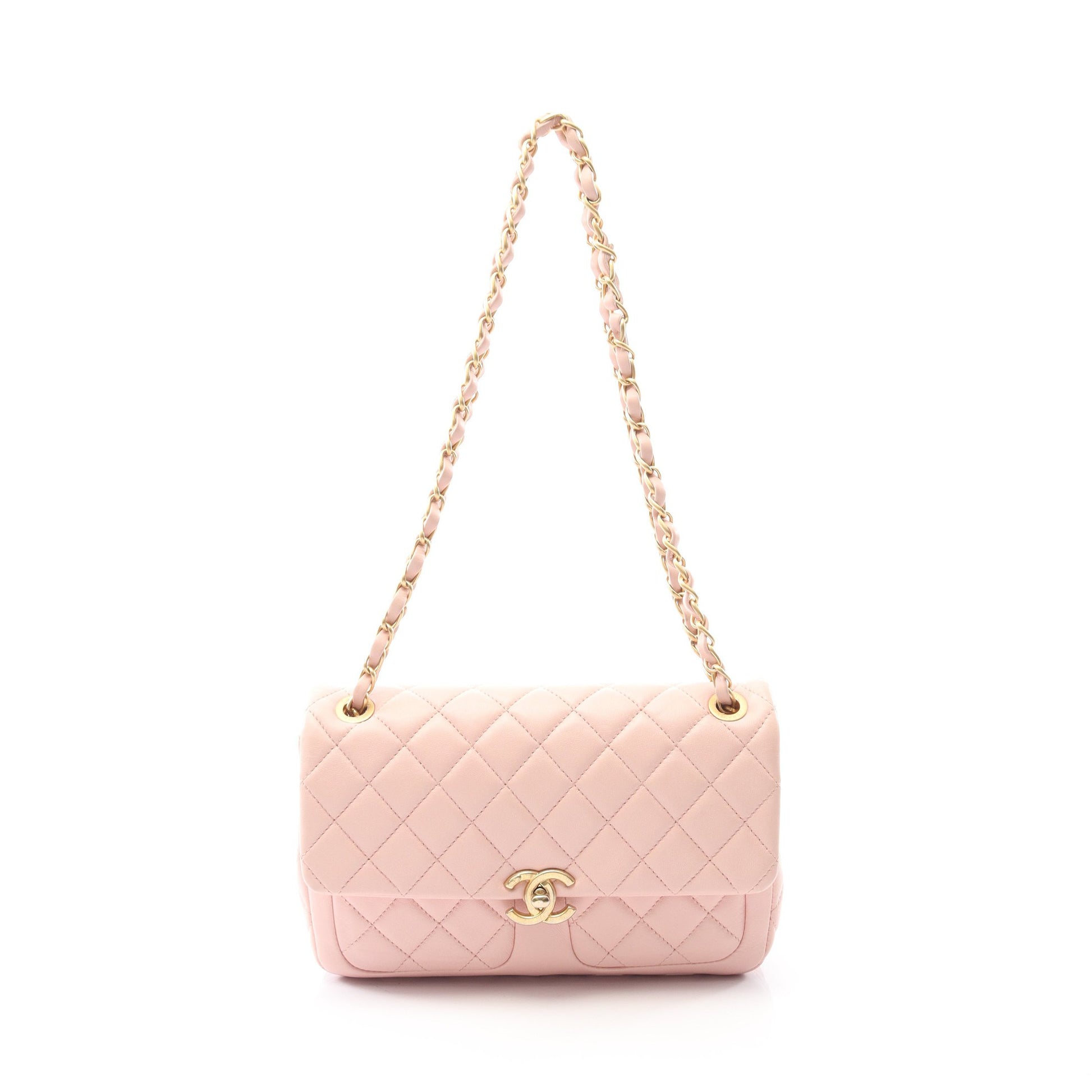 マトラッセ Wチェーンショルダーバッグ ラムスキン ピンク ゴールド金具 シャネル バッグ CHANEL