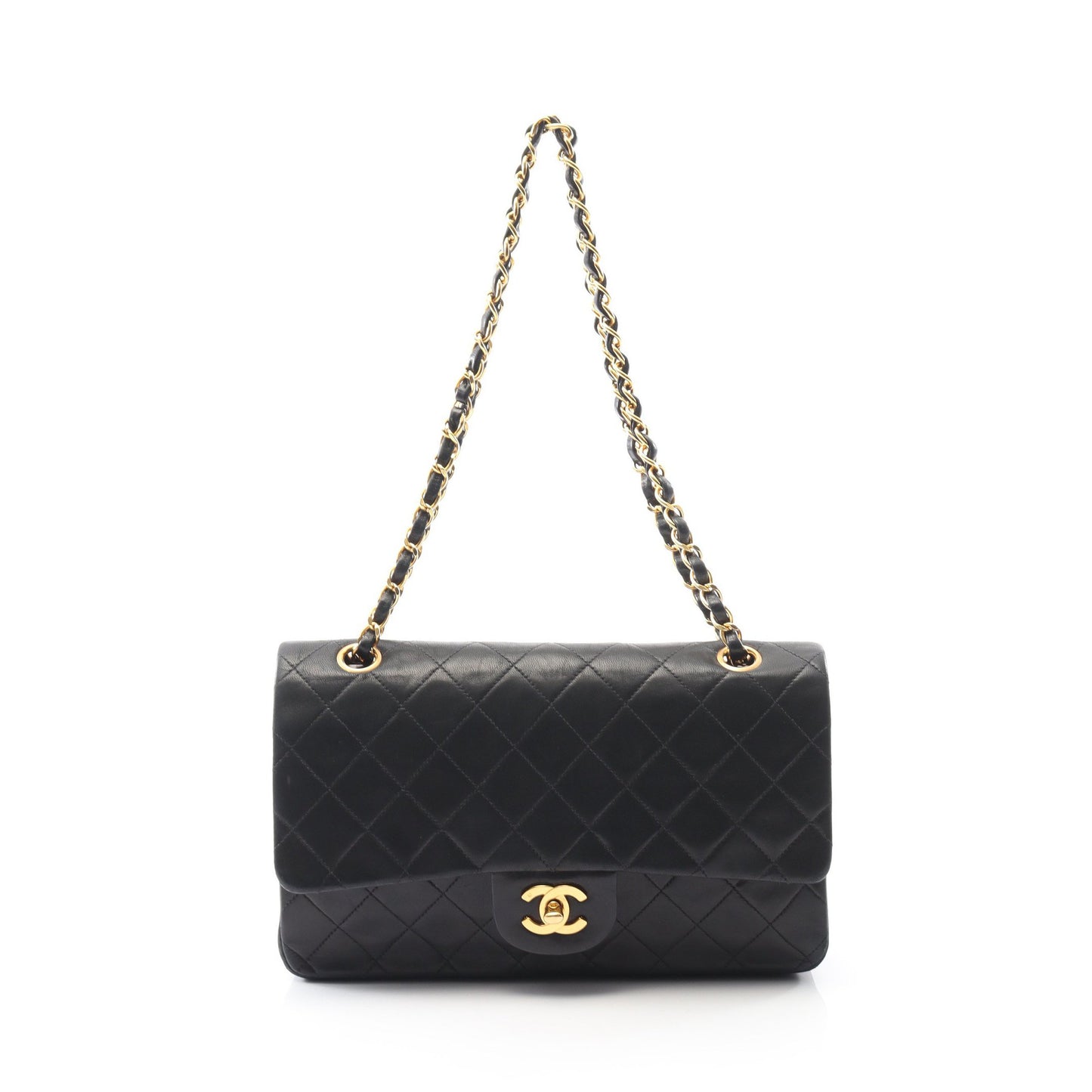 マトラッセ Wフラップ Wチェーンショルダーバッグ ラムスキン ブラック ゴールド金具 シャネル バッグ CHANEL