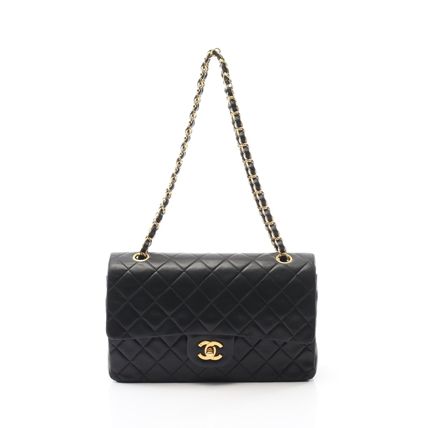 マトラッセ Wフラップ Wチェーンショルダーバッグ ラムスキン ブラック ゴールド金具 ヴィンテージ シャネル バッグ CHANEL