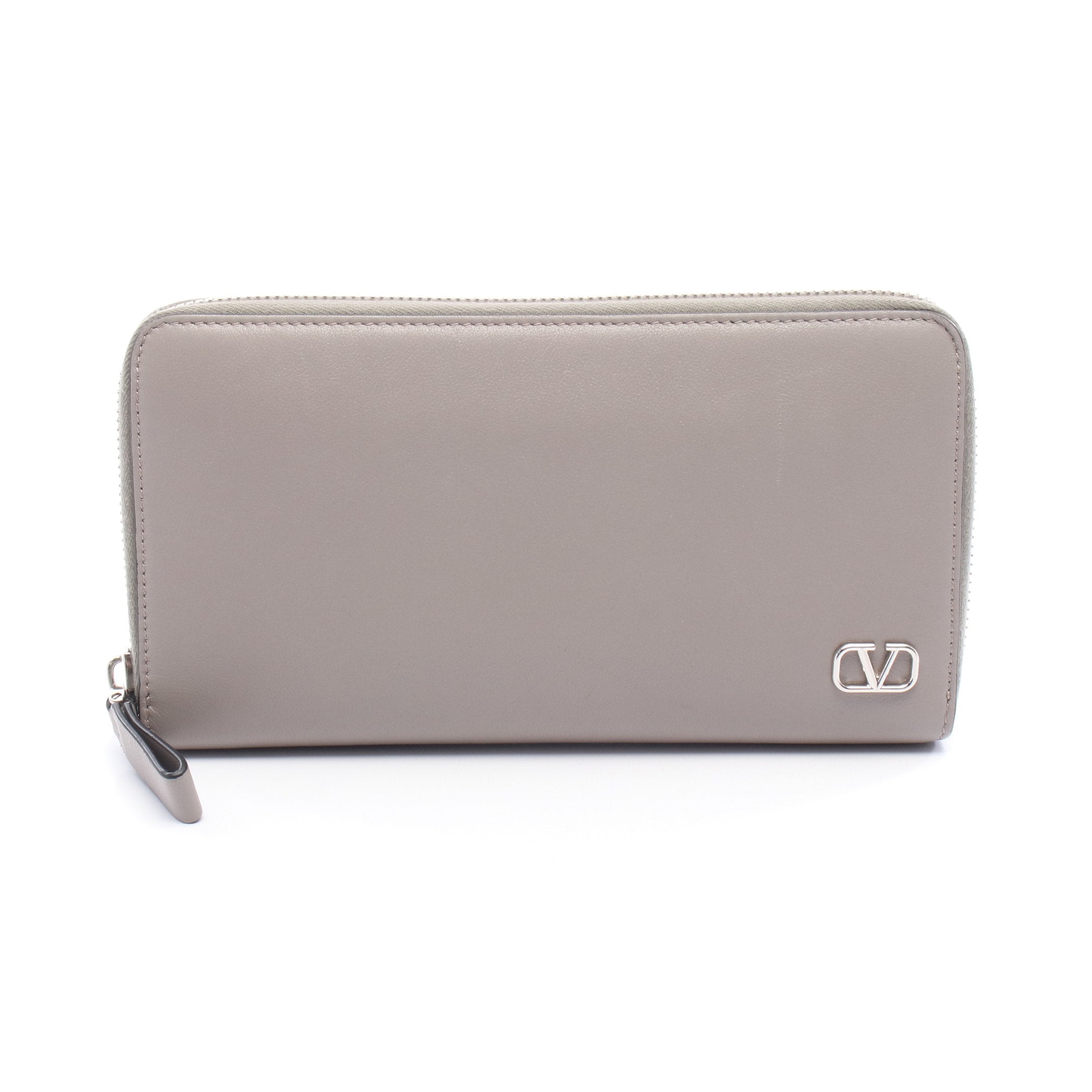Vロゴ シグネチャー ラウンドファスナー長財布 レザー グレー