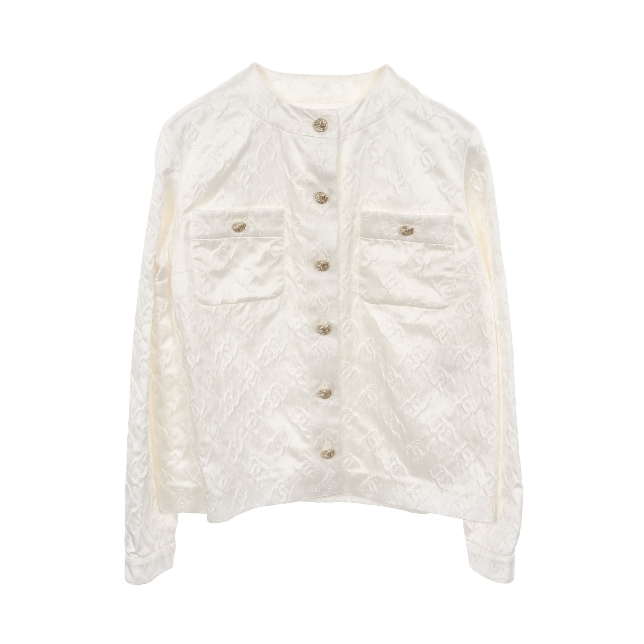 ココマークボタン ノーカラージャケット コットン シルク ホワイト