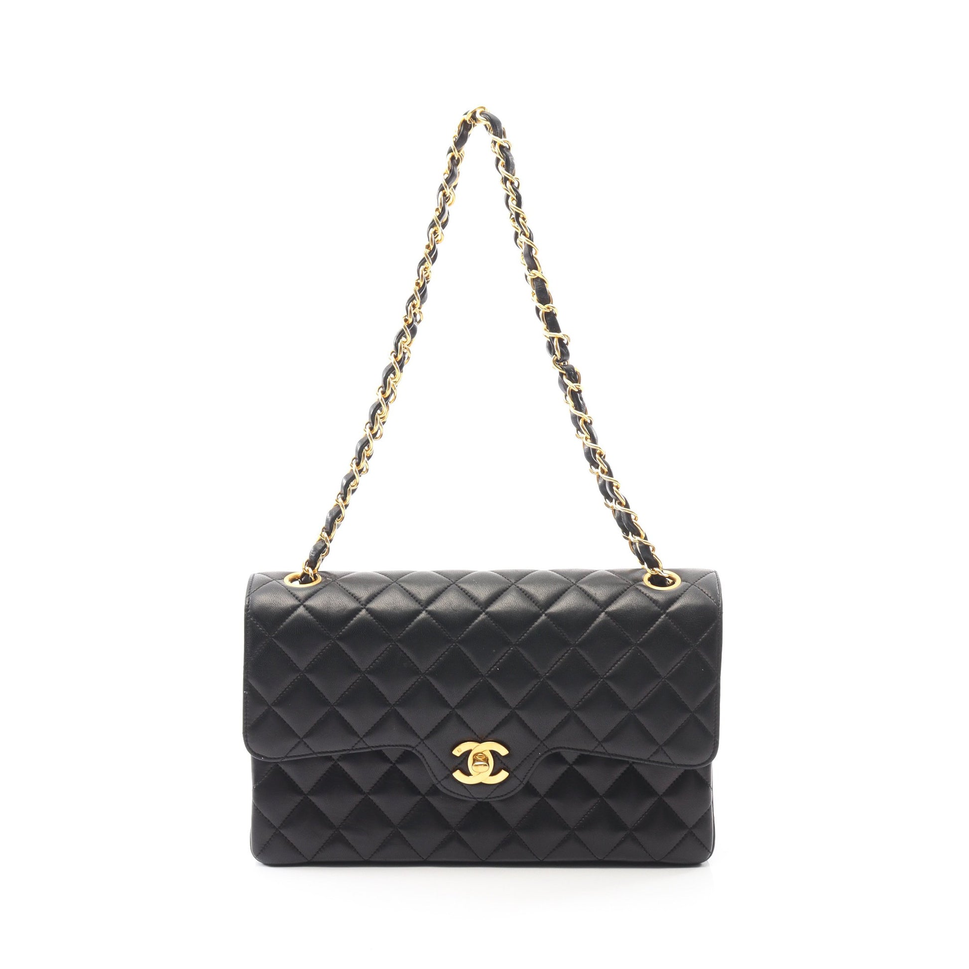 マトラッセ Wフラップ Wチェーンショルダーバッグ ラムスキン ブラック ゴールド金具 シャネル バッグ CHANEL